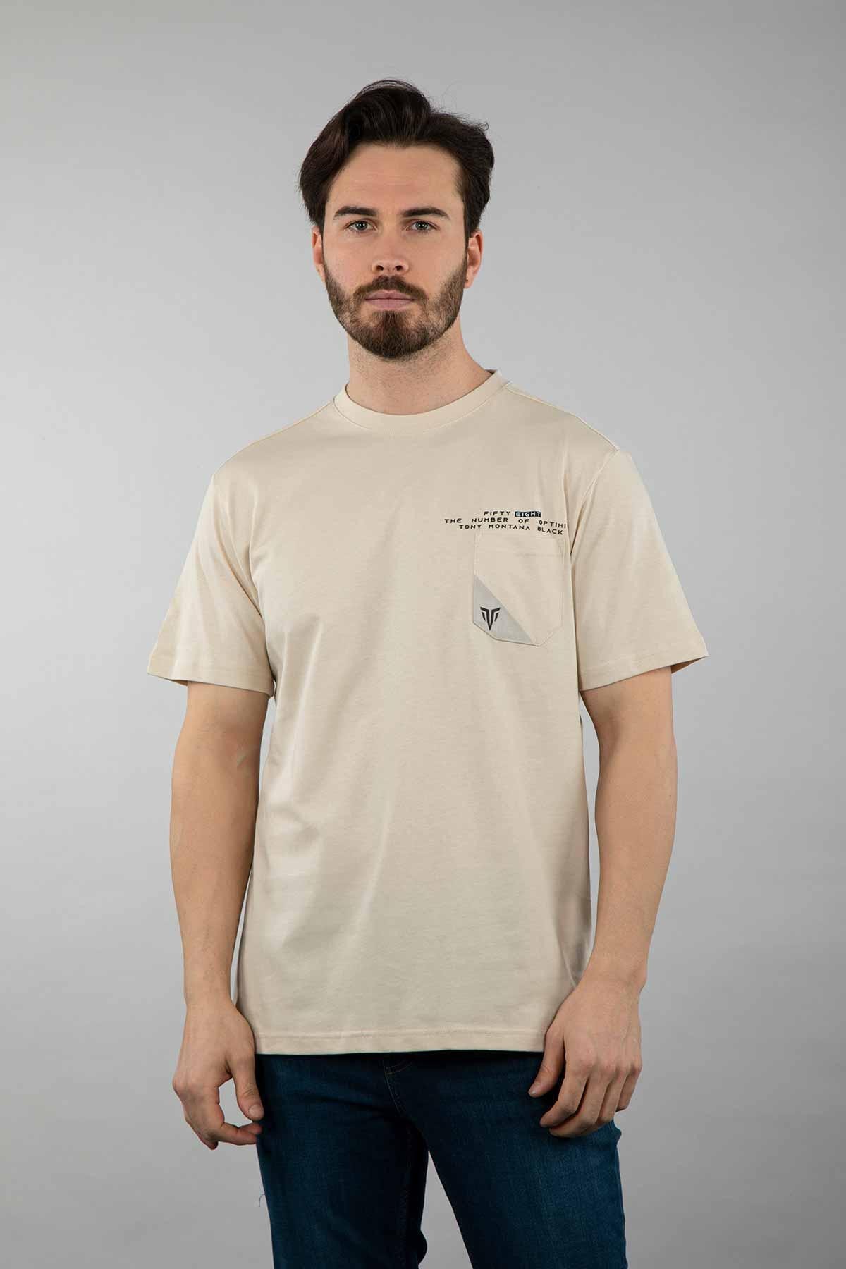 Oversize Fit Bisiklet Yaka Cepli %100 Pamuk Kısa Kollu Baskılı Penye T-Shirt