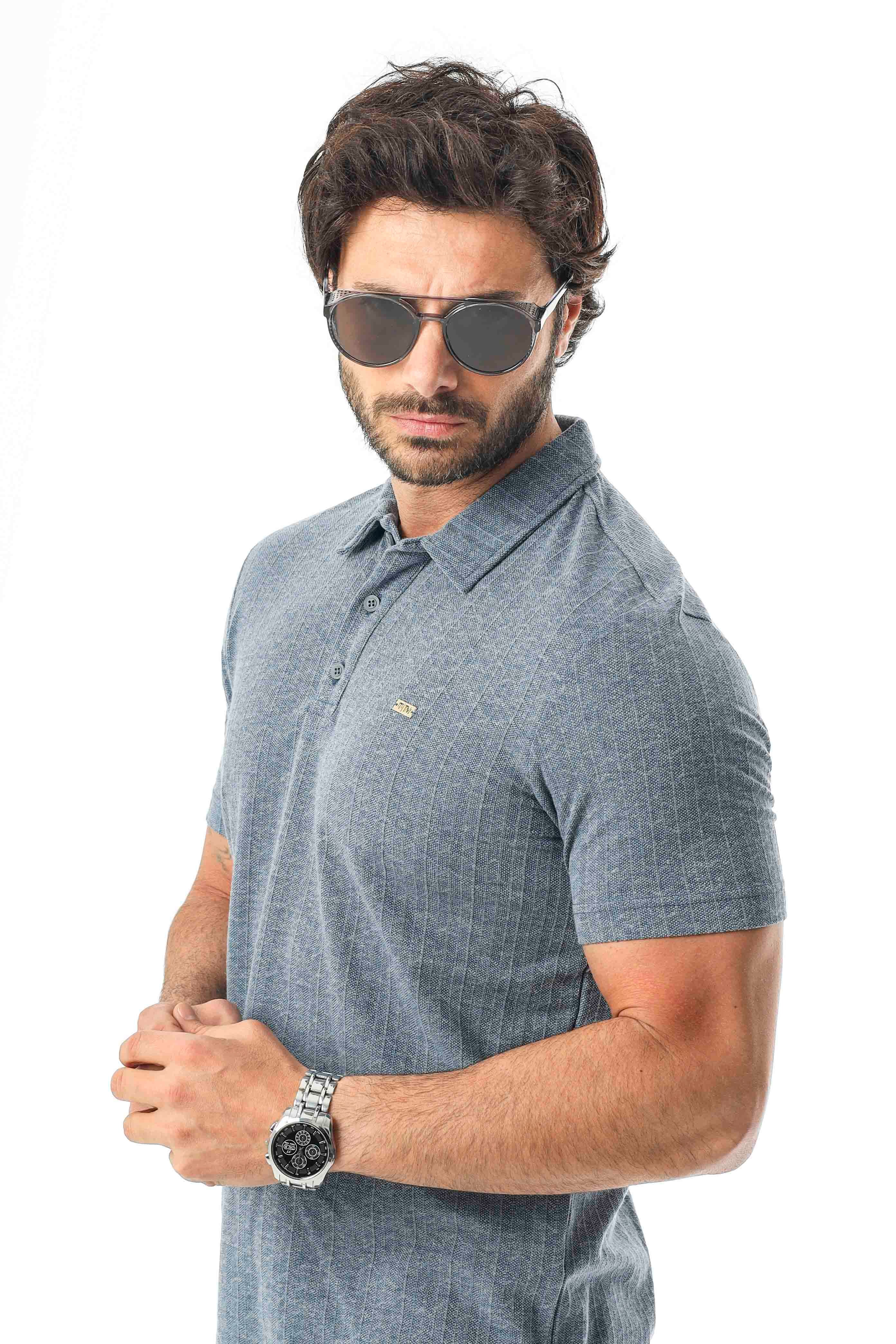 Regular Fit Polo Yaka Düğmeli Armalı Keten T-Shirt-KT-1003