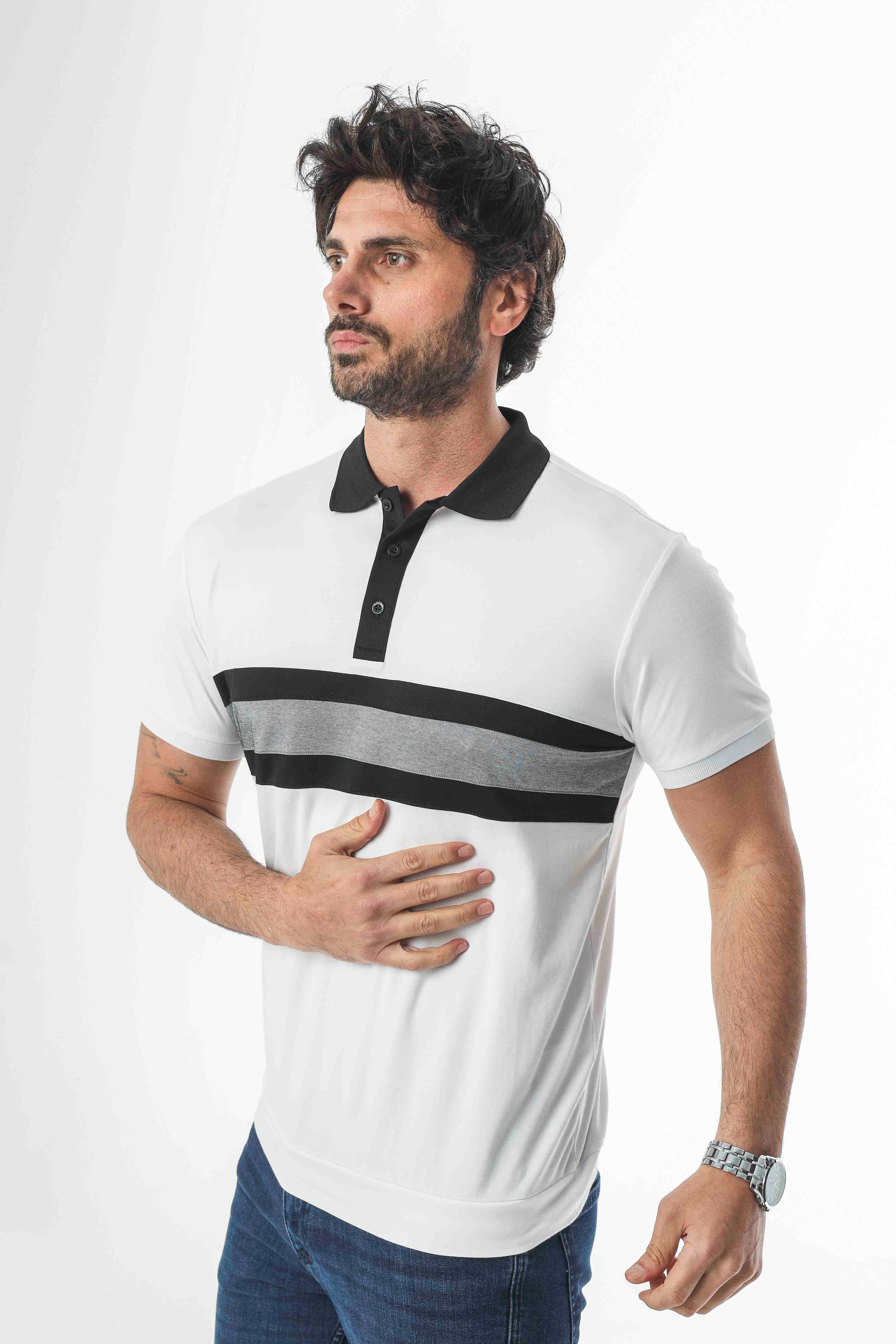 Büyük Beden Polo Yaka Düğmeli Ortası Çizgili T-Shirt-6320