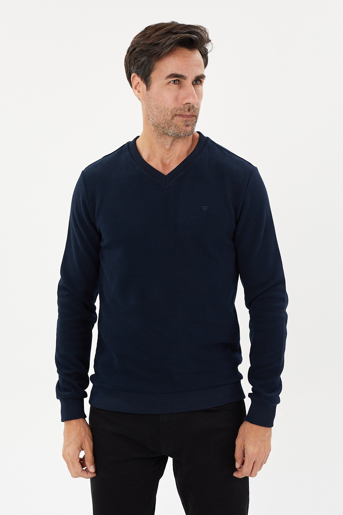 Büyük Beden Kadife Selanik Basic V Yaka Sweatshirt-KS-1705