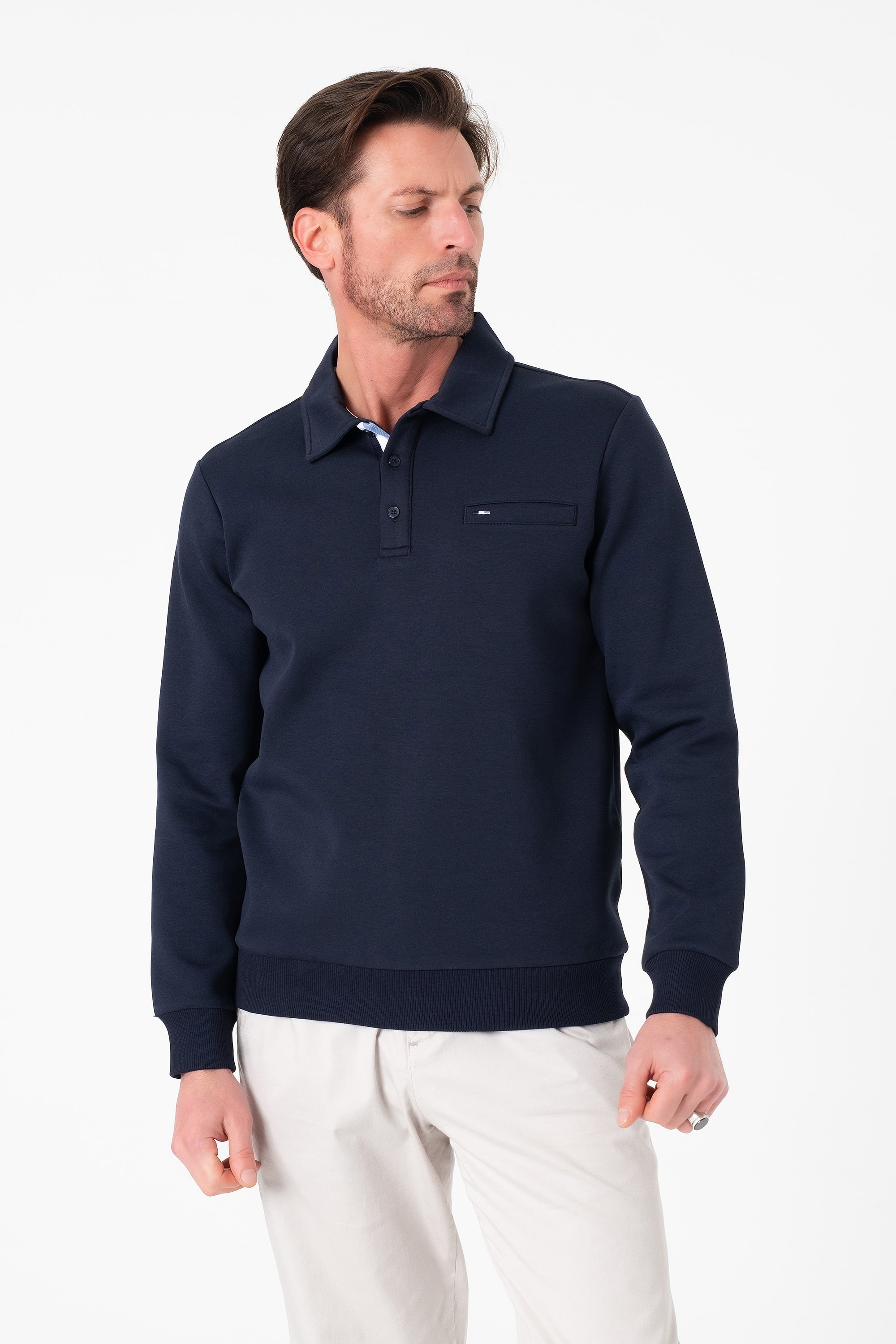 Regular Fit Polo Yaka Cepli Pamuklu Erkek Sweatshırt-SW-1102