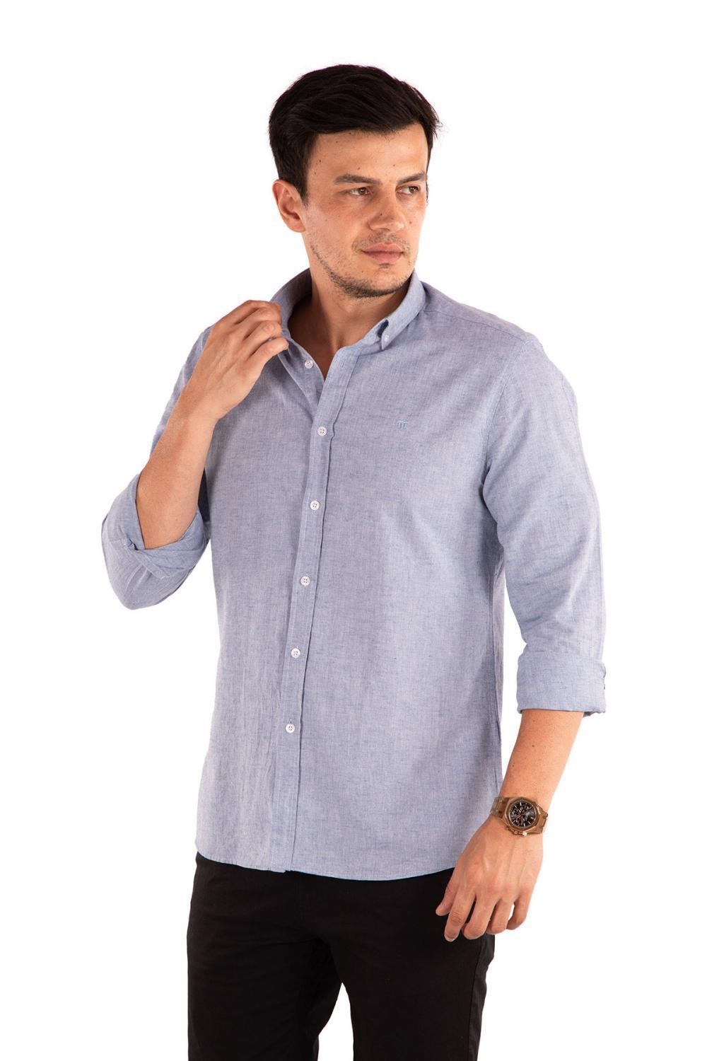 Regular Fit Dokuma Casual Uzun Kollu Keten Gömlek