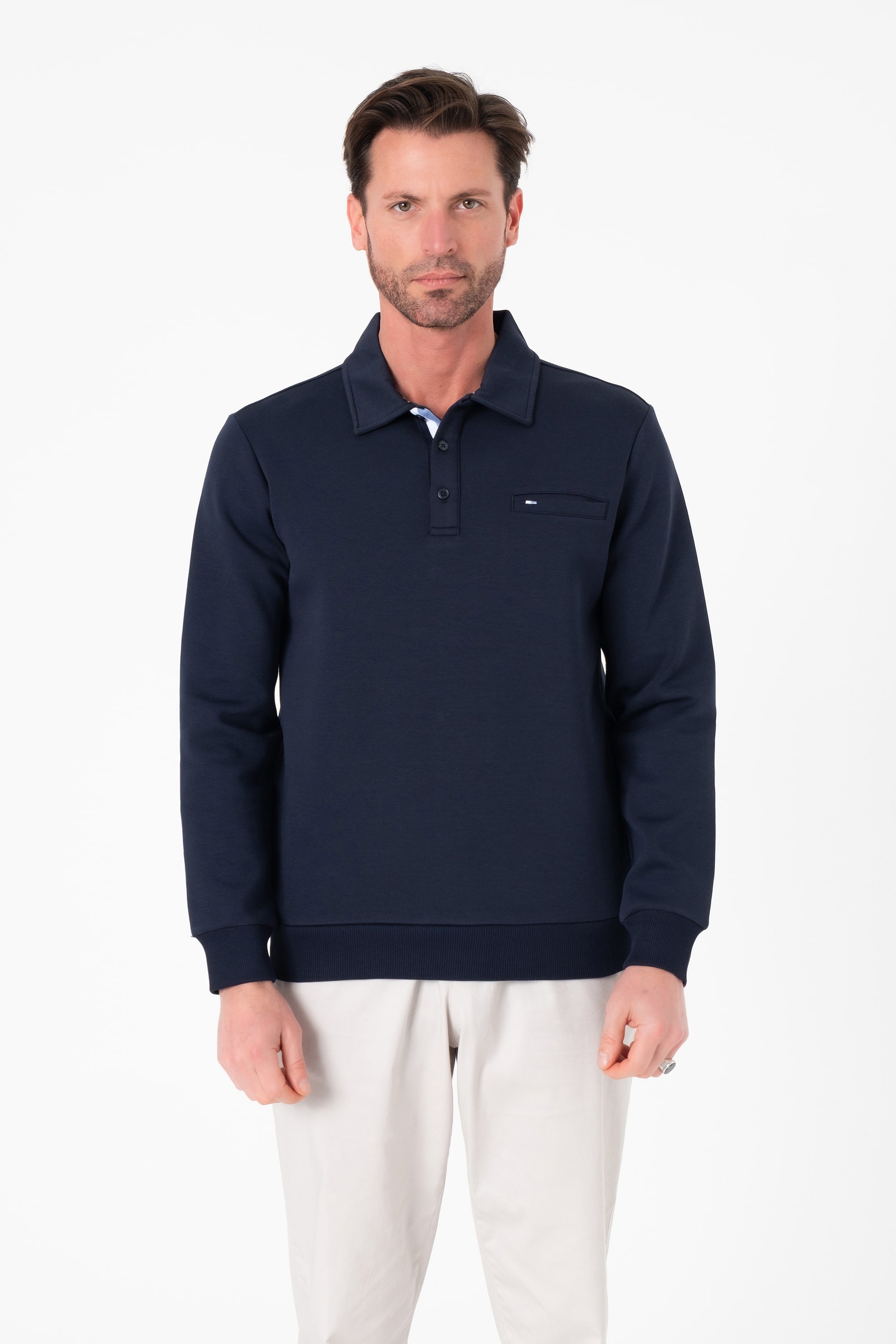 Regular Fit Polo Yaka Cepli Pamuklu Erkek Sweatshırt-SW-1102