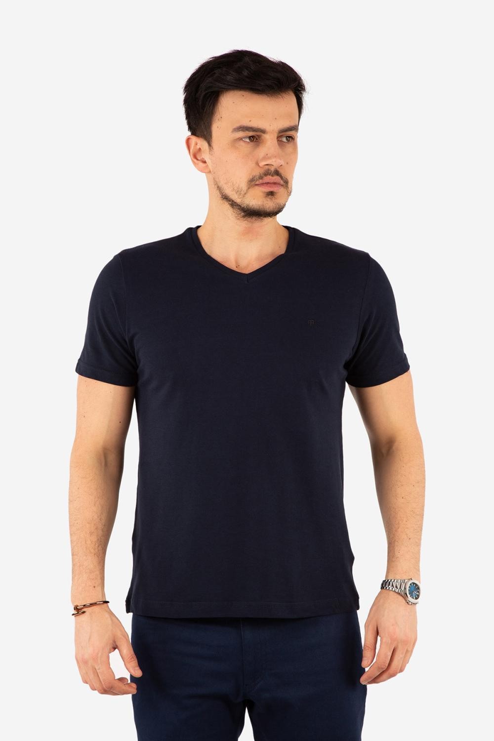 Regular Fit V Yaka %100 Pamuk Kısa Kollu Basic Penye T-Shirt