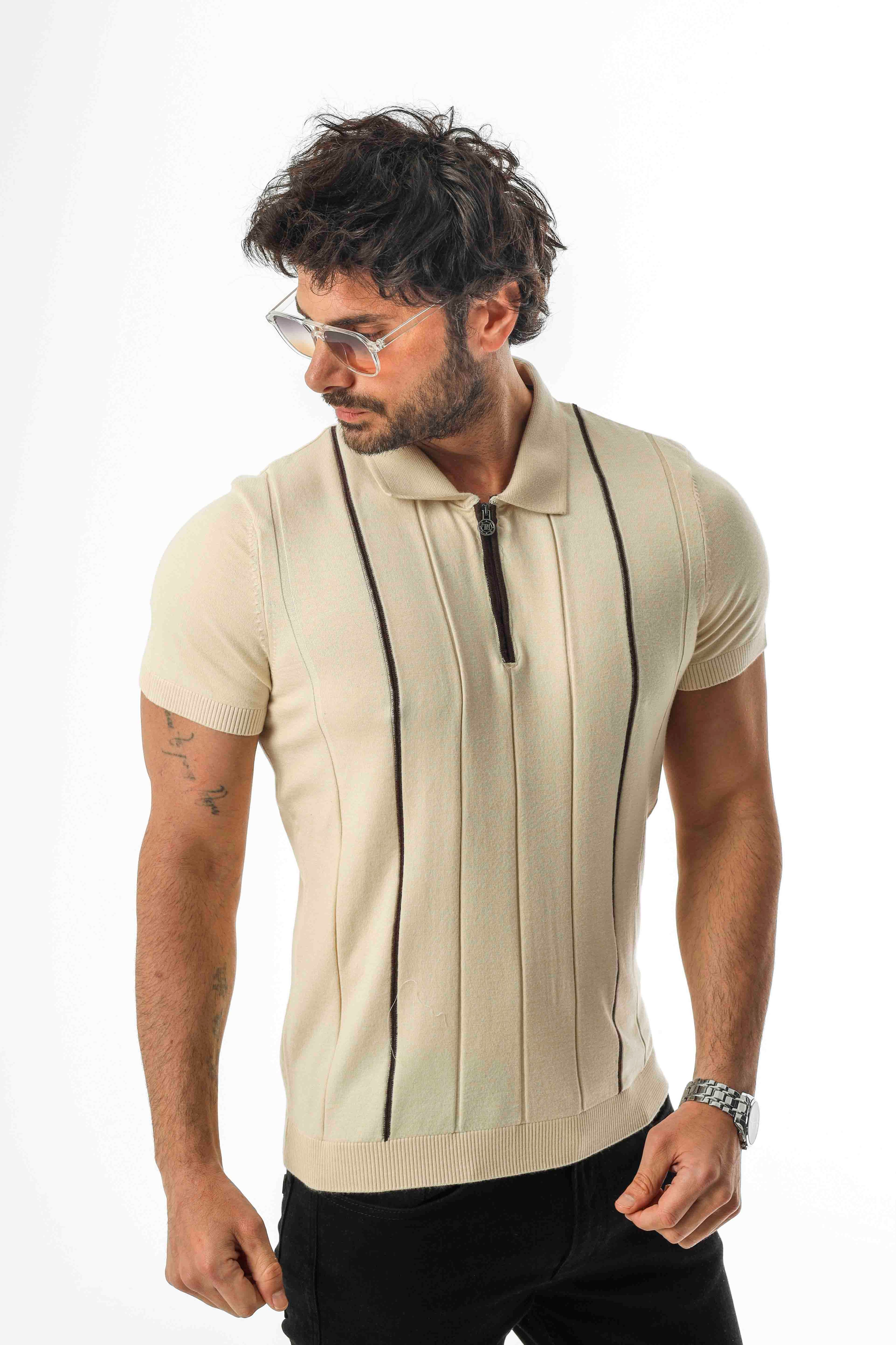 Polo Yaka Yarım Fermuarlı Çizgi Desenli Triko T-Shirt-TY-1311