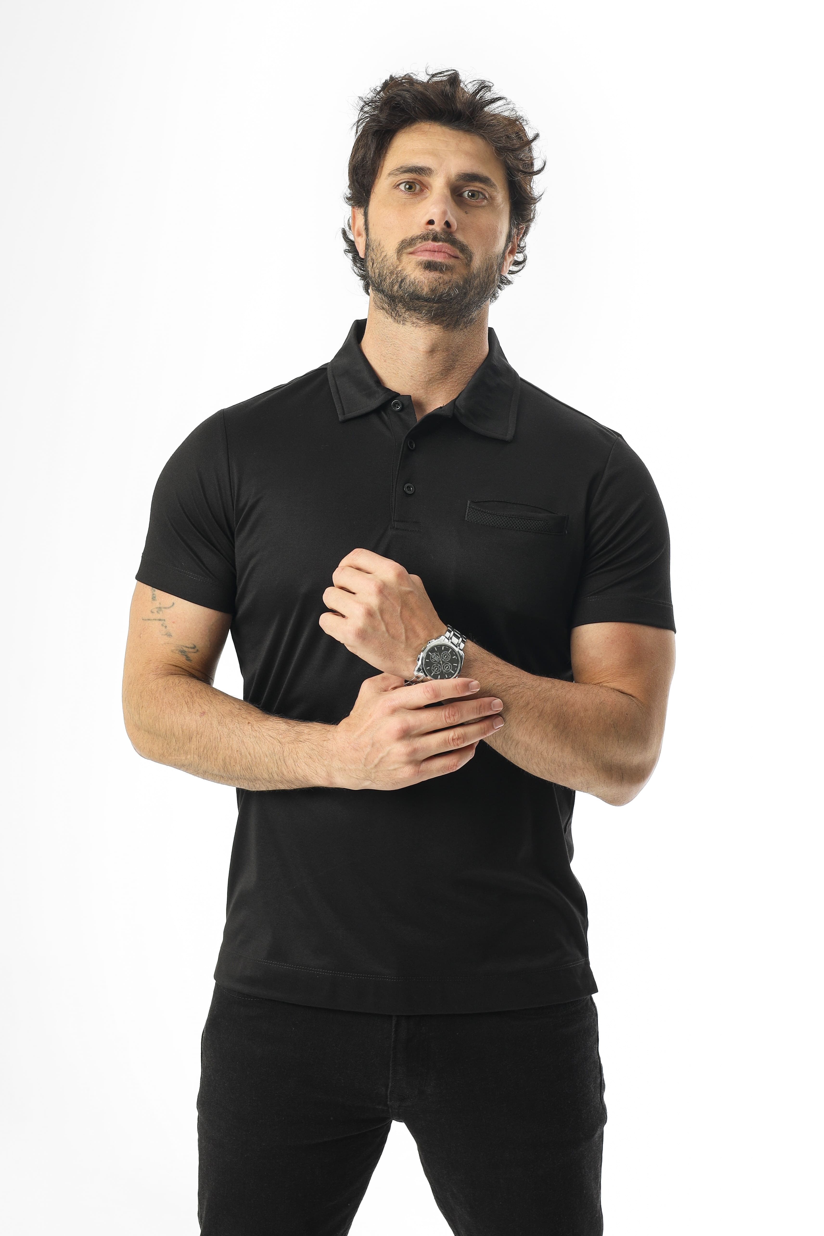 Polo Yaka Düğmeli Cepli Düz Renk T-Shirt-6288