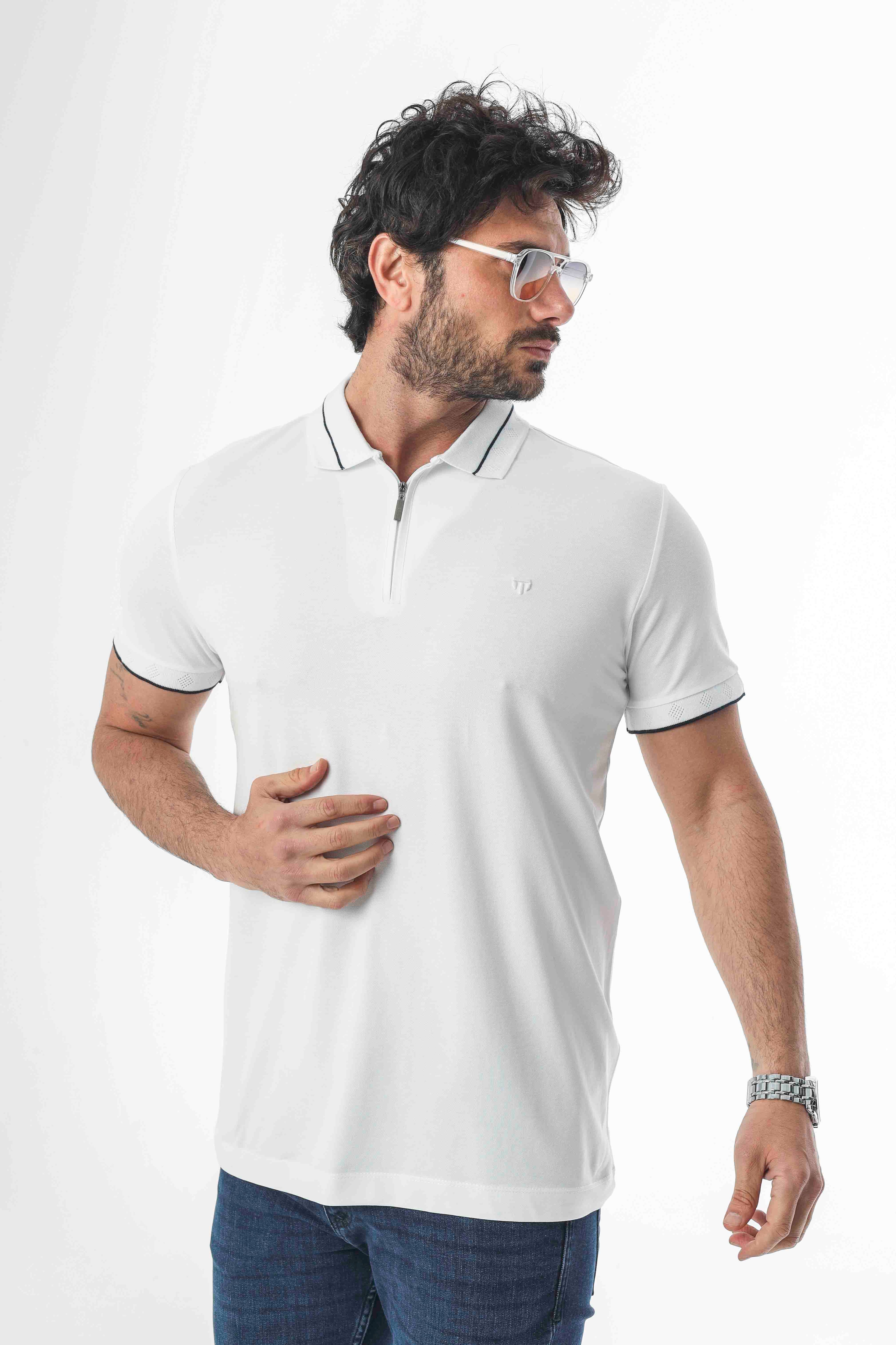 Polo Yaka Yarım Fermuarlı Nakış Armalı Pamuk T-Shirt-PL-3618