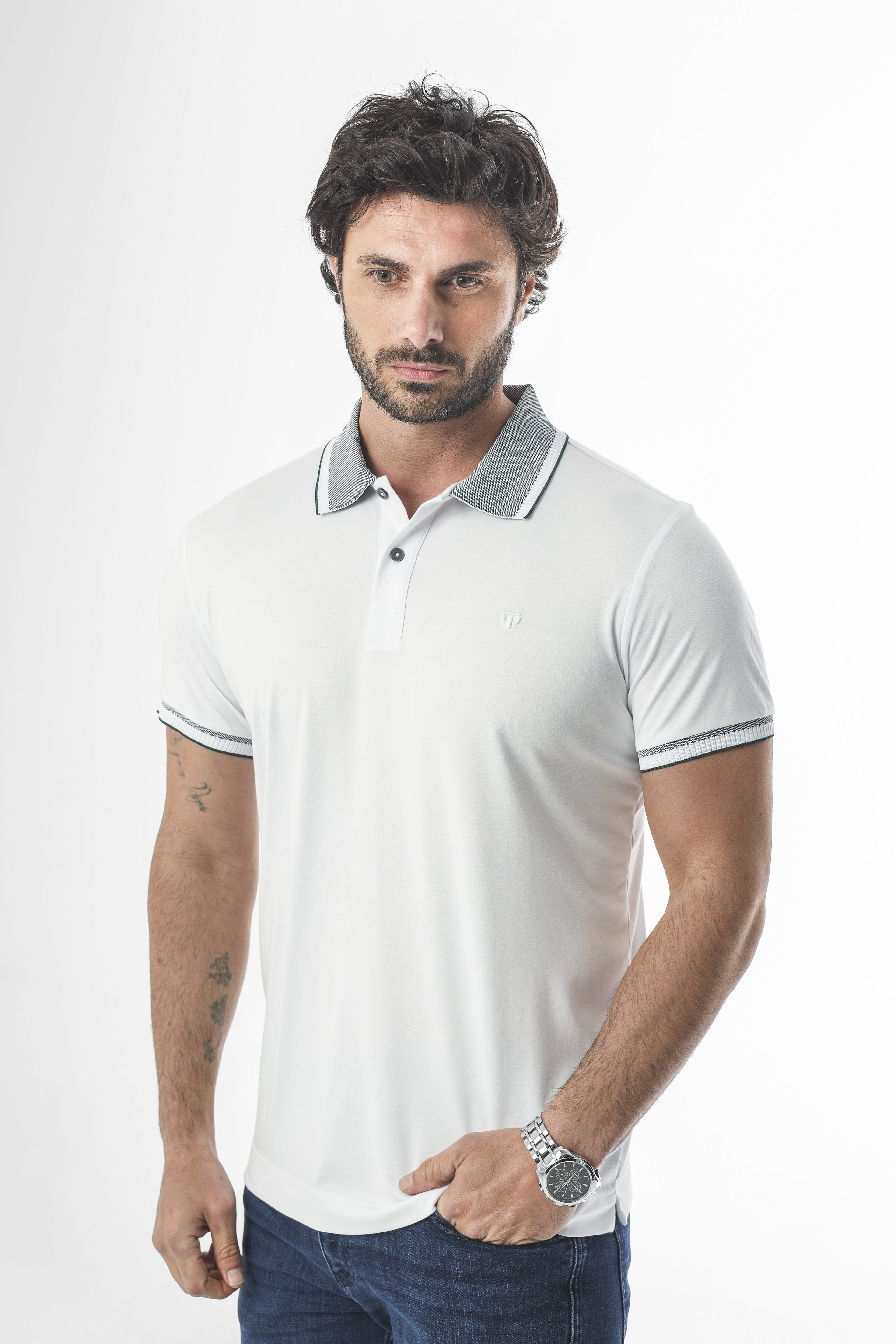 Büyük Beden (3xl - 7xl) Düğmeli Polo Yaka Kol Ucu Triko Detaylı T-Shirt-6315