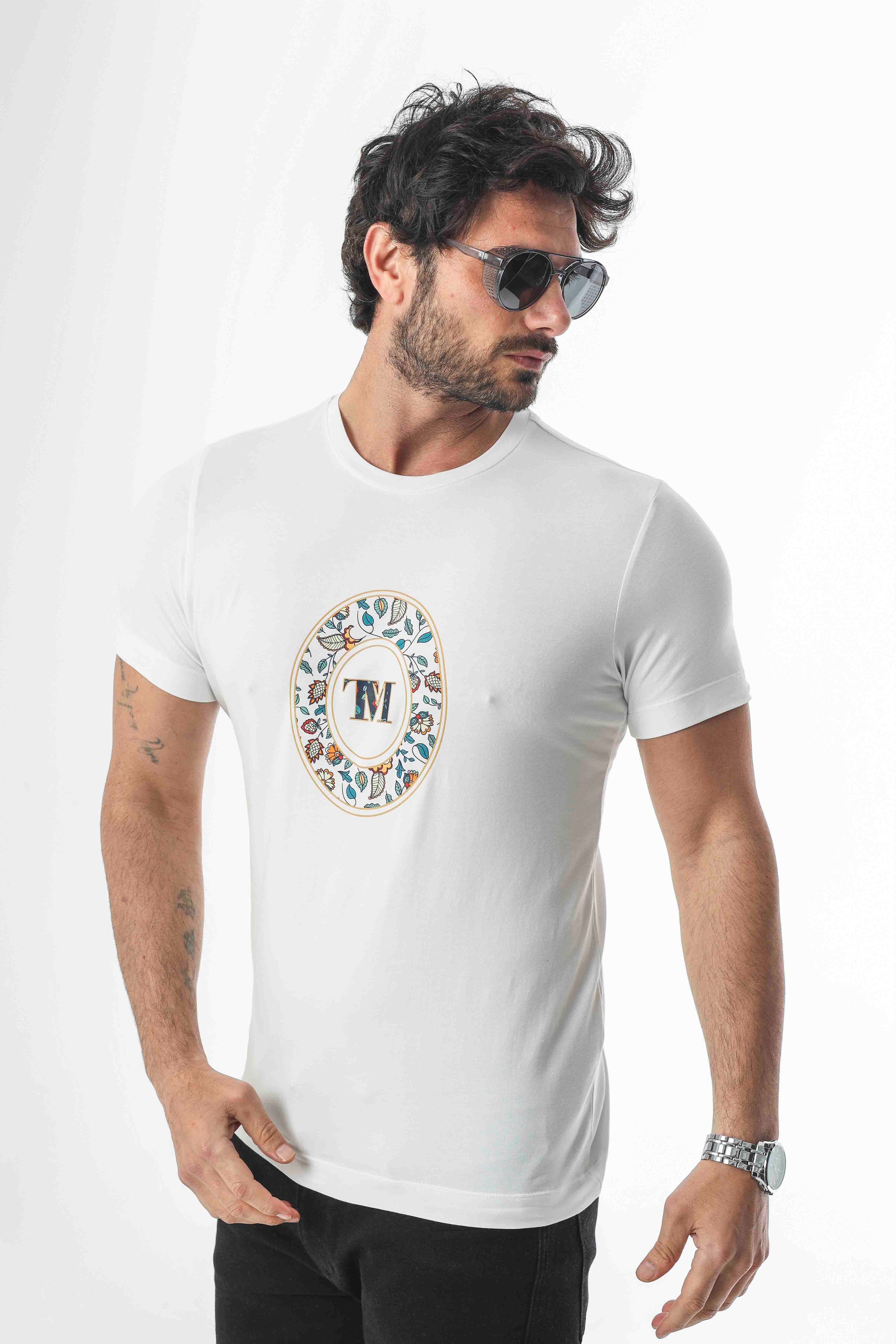 Bisiklet Yaka Baskılı Pamuklu Erkek T-Shirt-MSL-2263