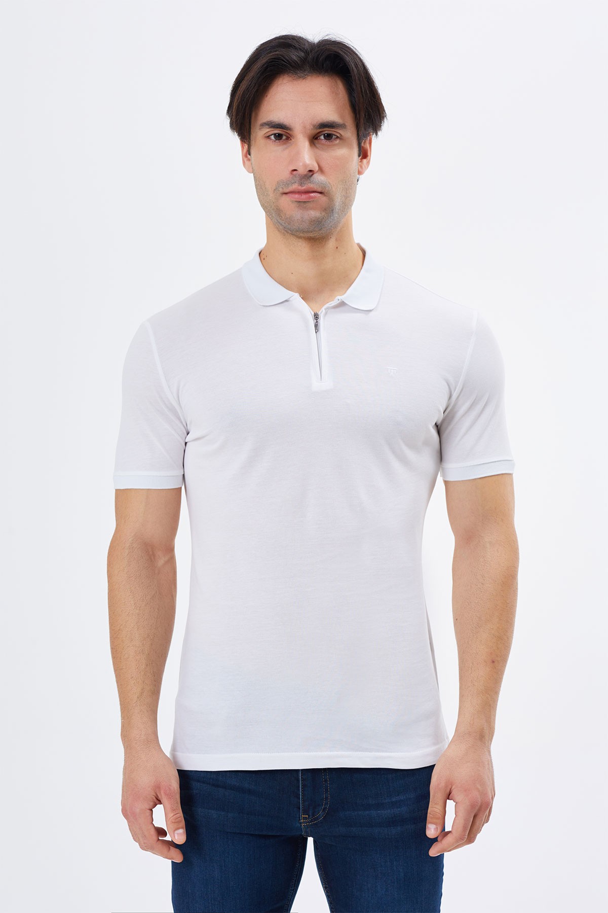 Regular Fit Zippered  Polo Neck %100 Cotton Short Sleeves Basic  T-Shirt