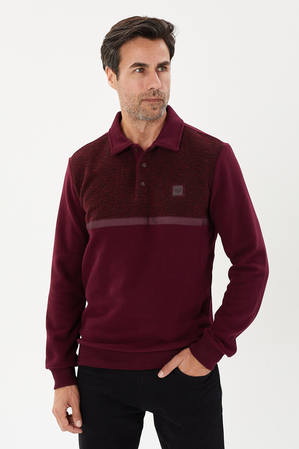 Kadife Selanik Parça Desenli Polo Yaka Sweatshirt- KS-1670