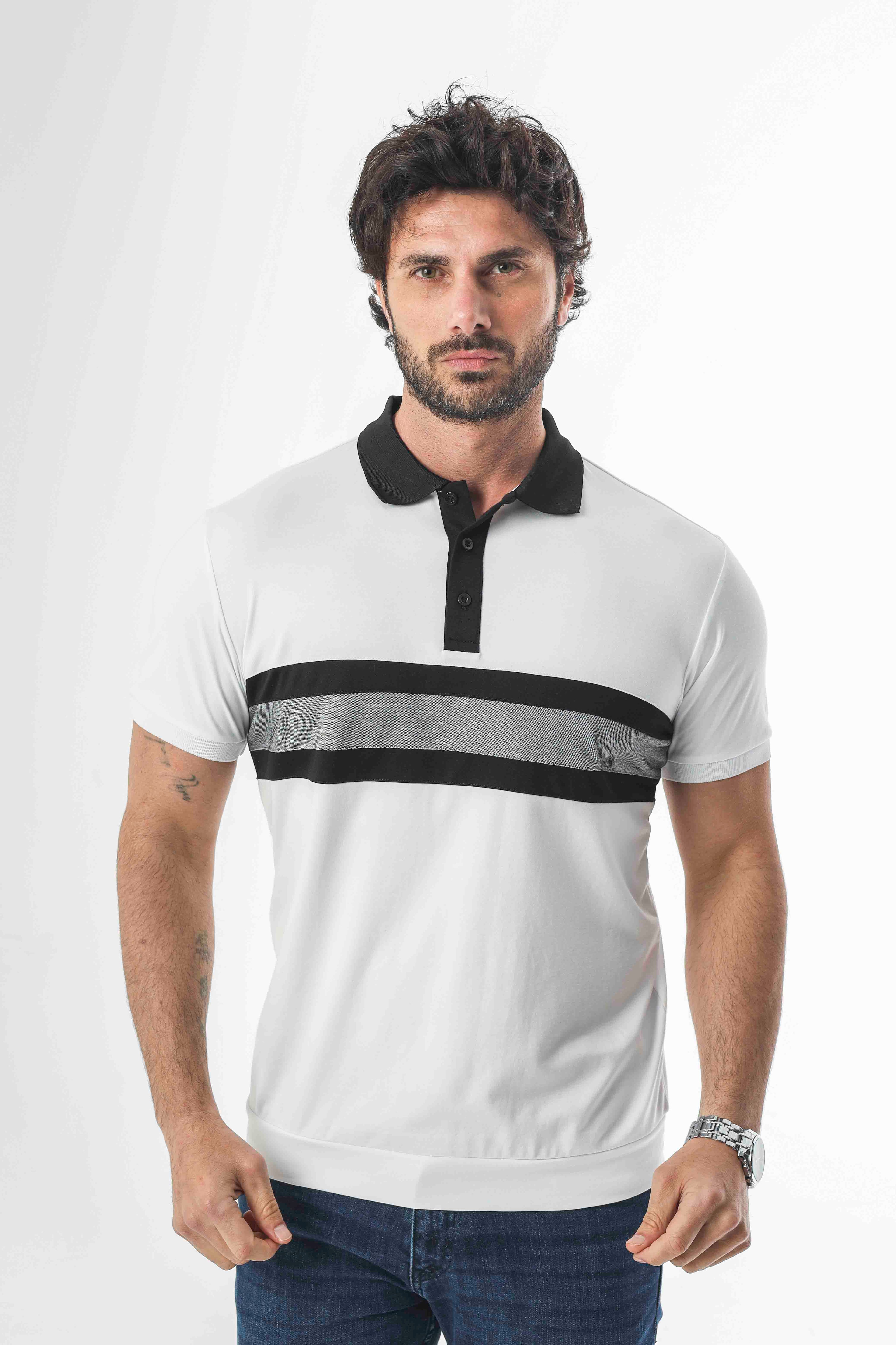 Büyük Beden Polo Yaka Düğmeli Ortası Çizgili T-Shirt-6320