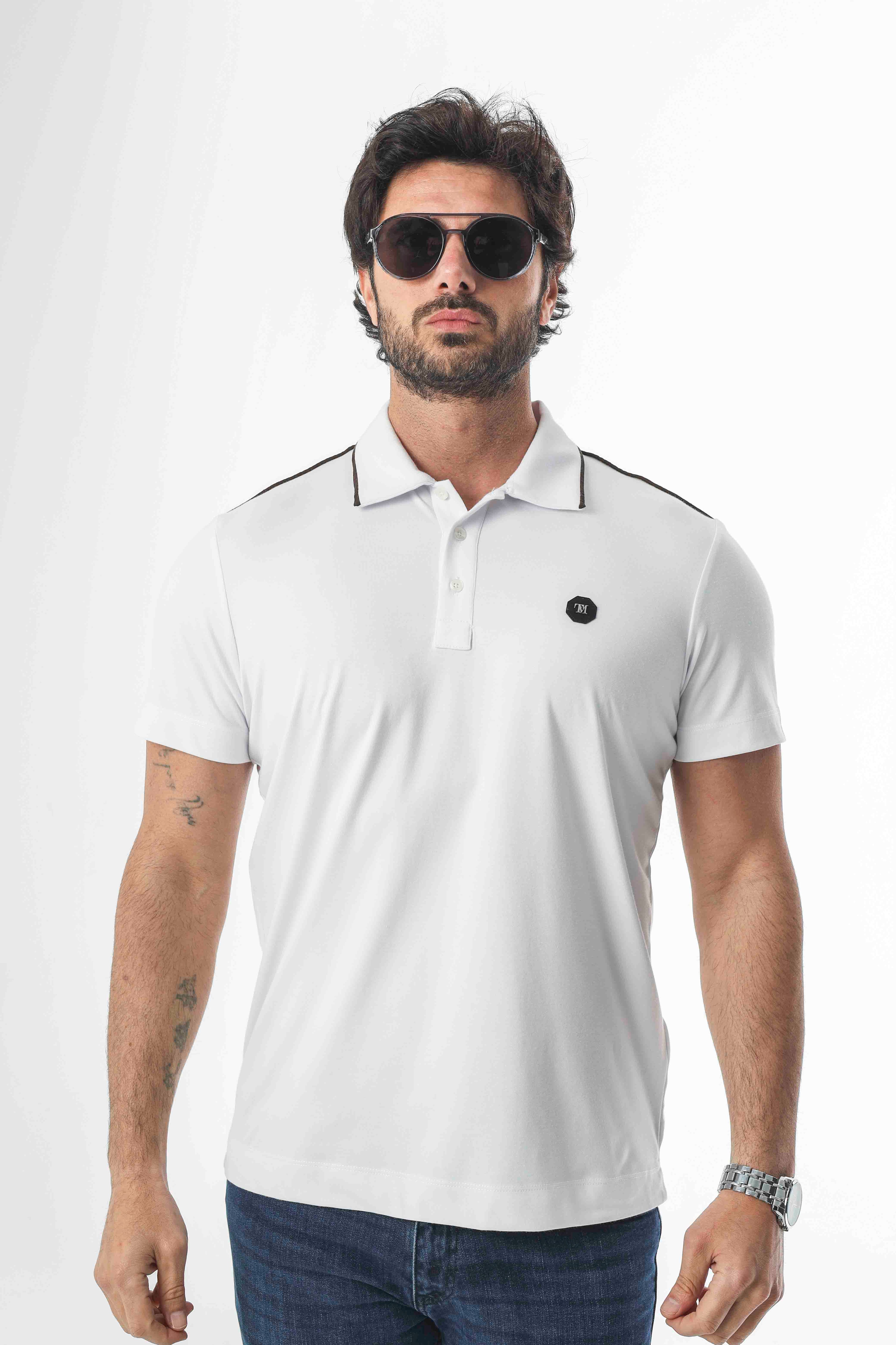 Polo Yaka Omzu Çizgili Armalı Düğmeli T-Shirt-6275