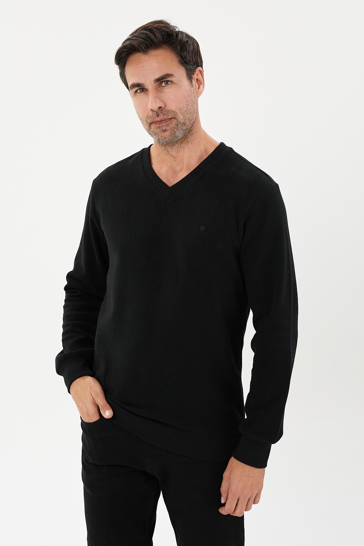 Büyük Beden Kadife Selanik Basic V Yaka Sweatshirt-KS-1705