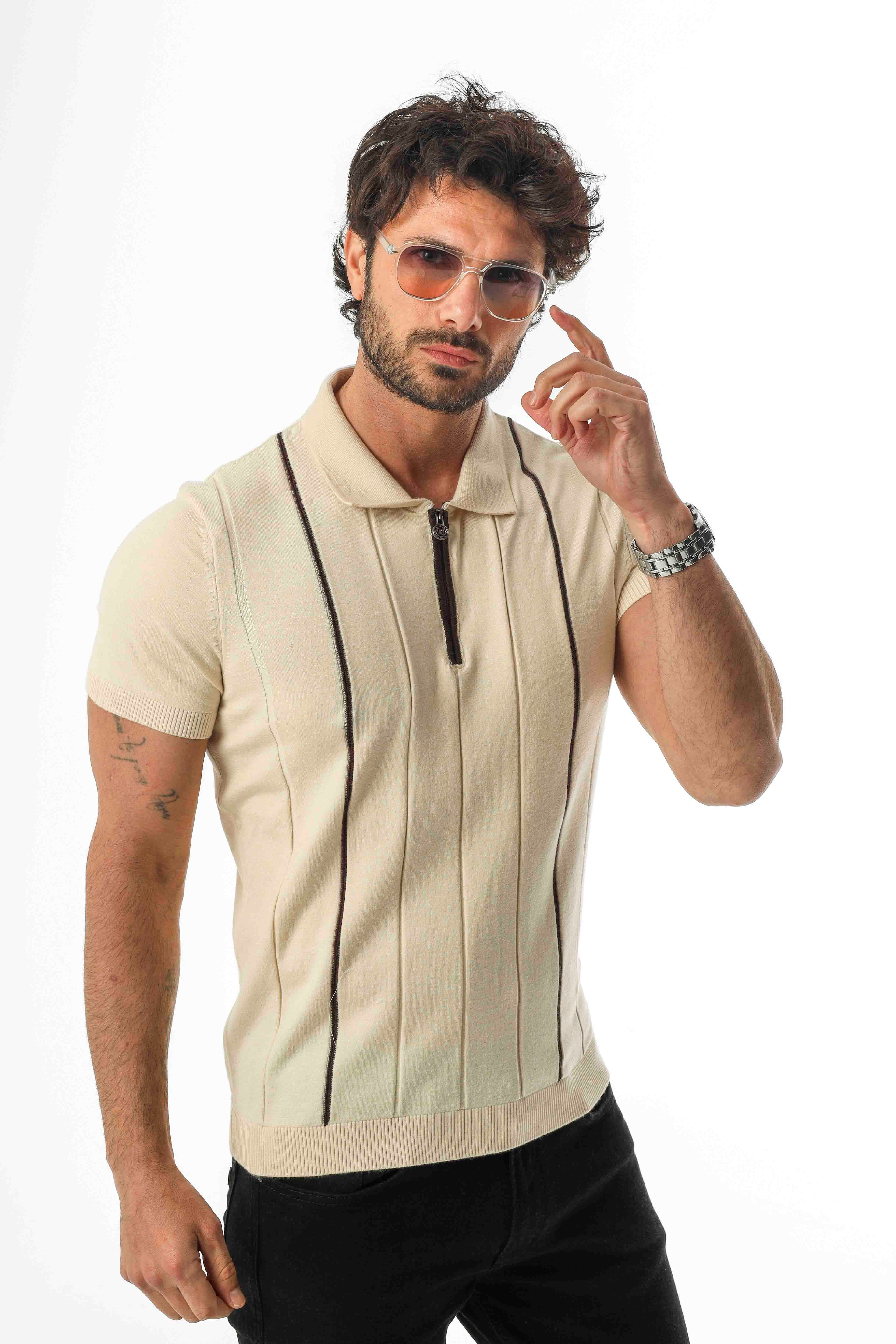 Polo Yaka Yarım Fermuarlı Çizgi Desenli Triko T-Shirt-TY-1311