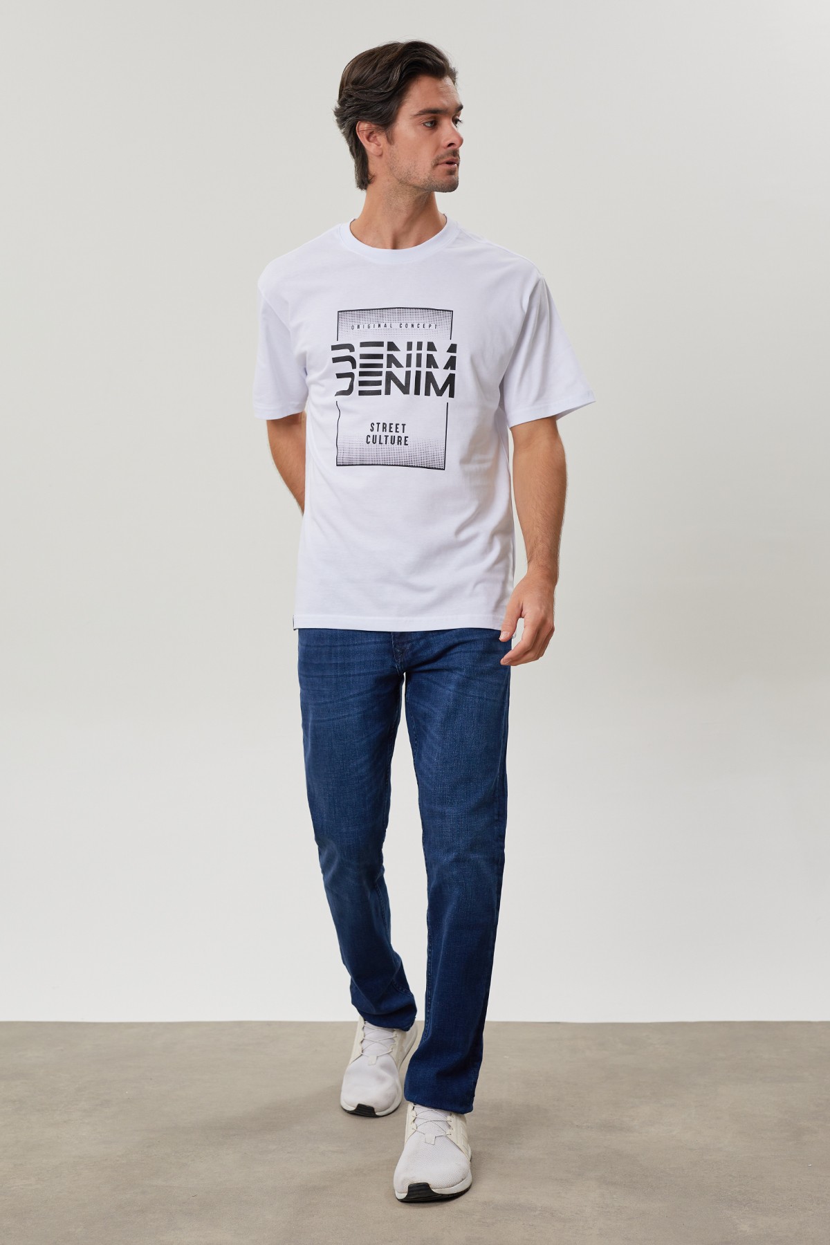 Oversize Bisiklet Yaka Baskılı %100 Pamuk Erkek T-Shirt