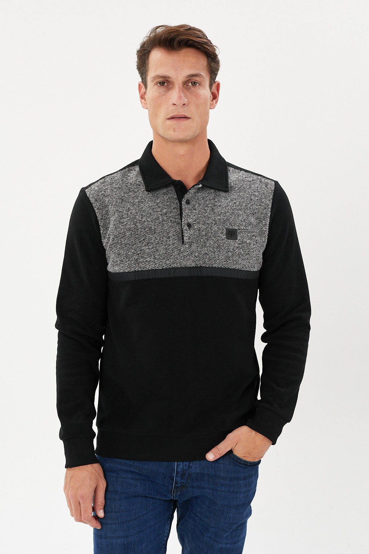 Kadife Selanik Parça Desenli Polo Yaka Sweatshirt- KS-1670