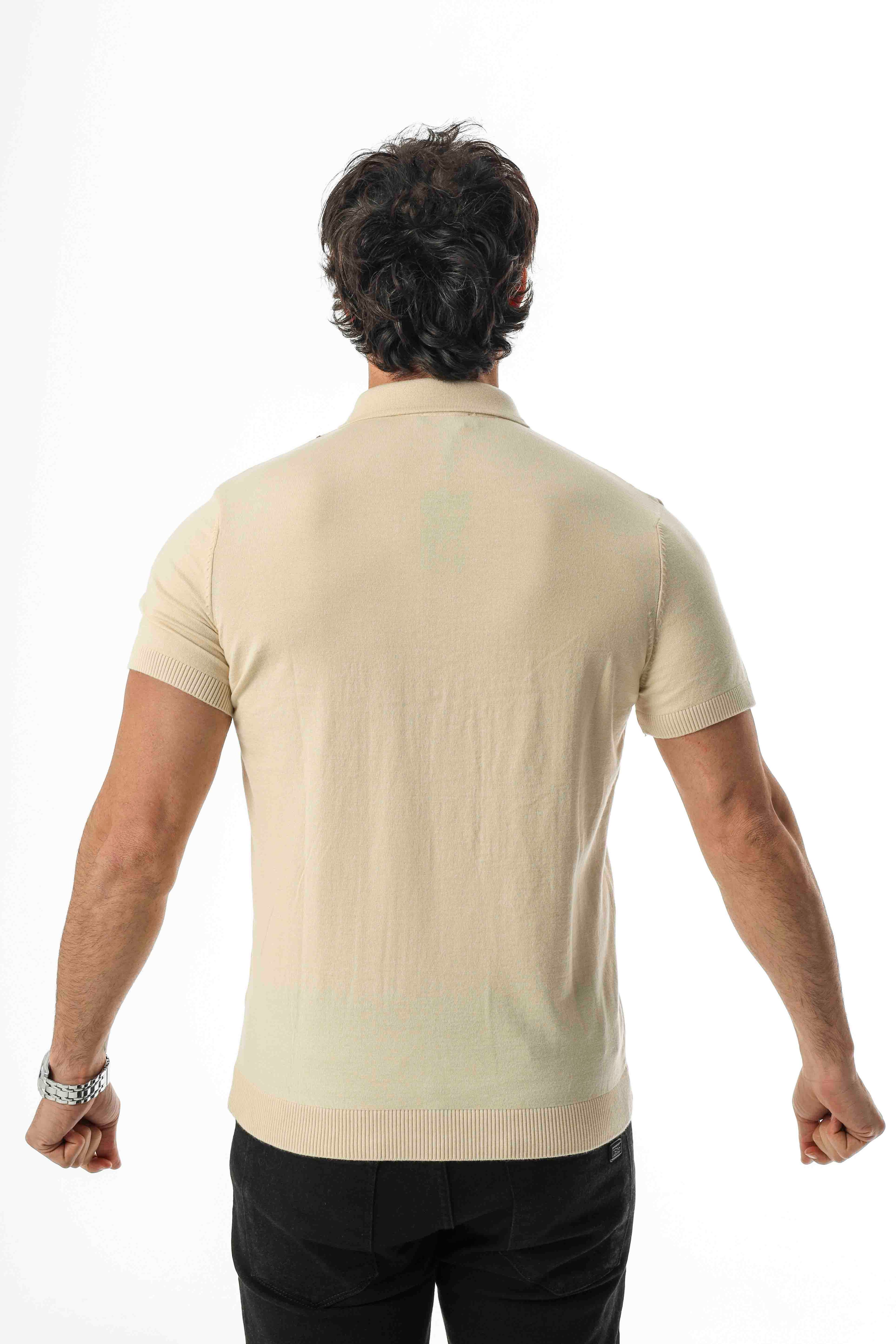 Polo Yaka Yarım Fermuarlı Çizgi Desenli Triko T-Shirt-TY-1311