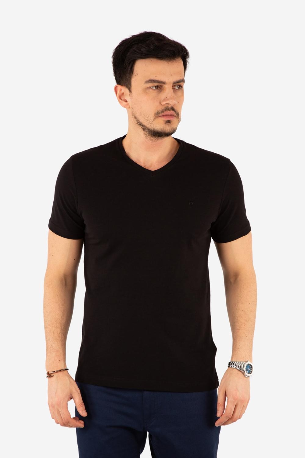 Regular Fit V Yaka %100 Pamuk Kısa Kollu Basic Penye T-Shirt