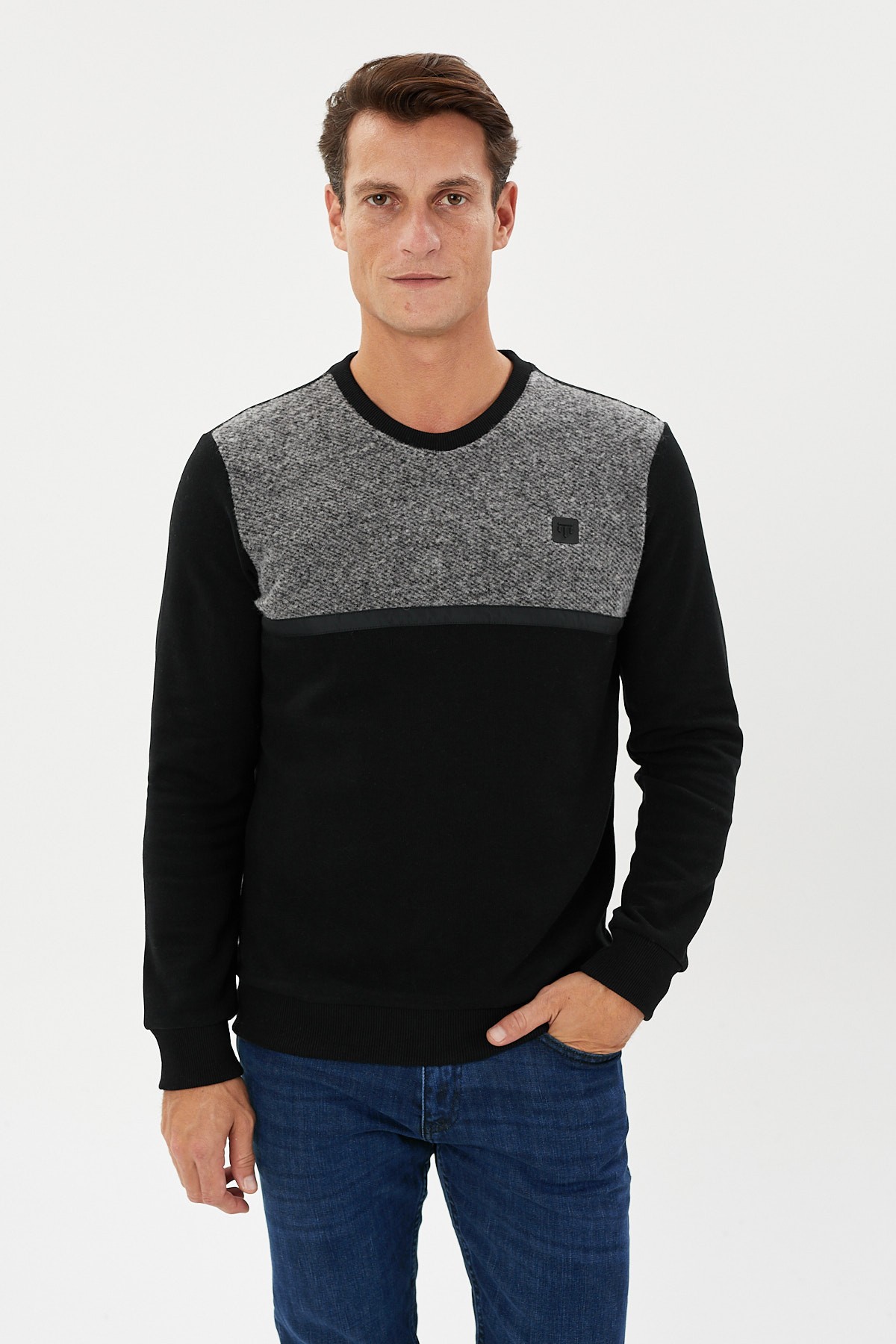 Kadife Selanik Parça Desenli Bisiklet Yaka Sweatshirt- KS-1672