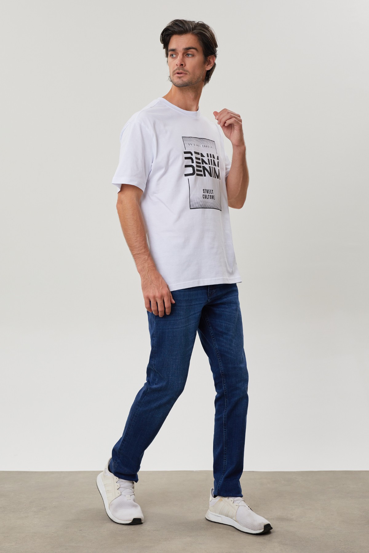 Oversize Bisiklet Yaka Baskılı %100 Pamuk Erkek T-Shirt