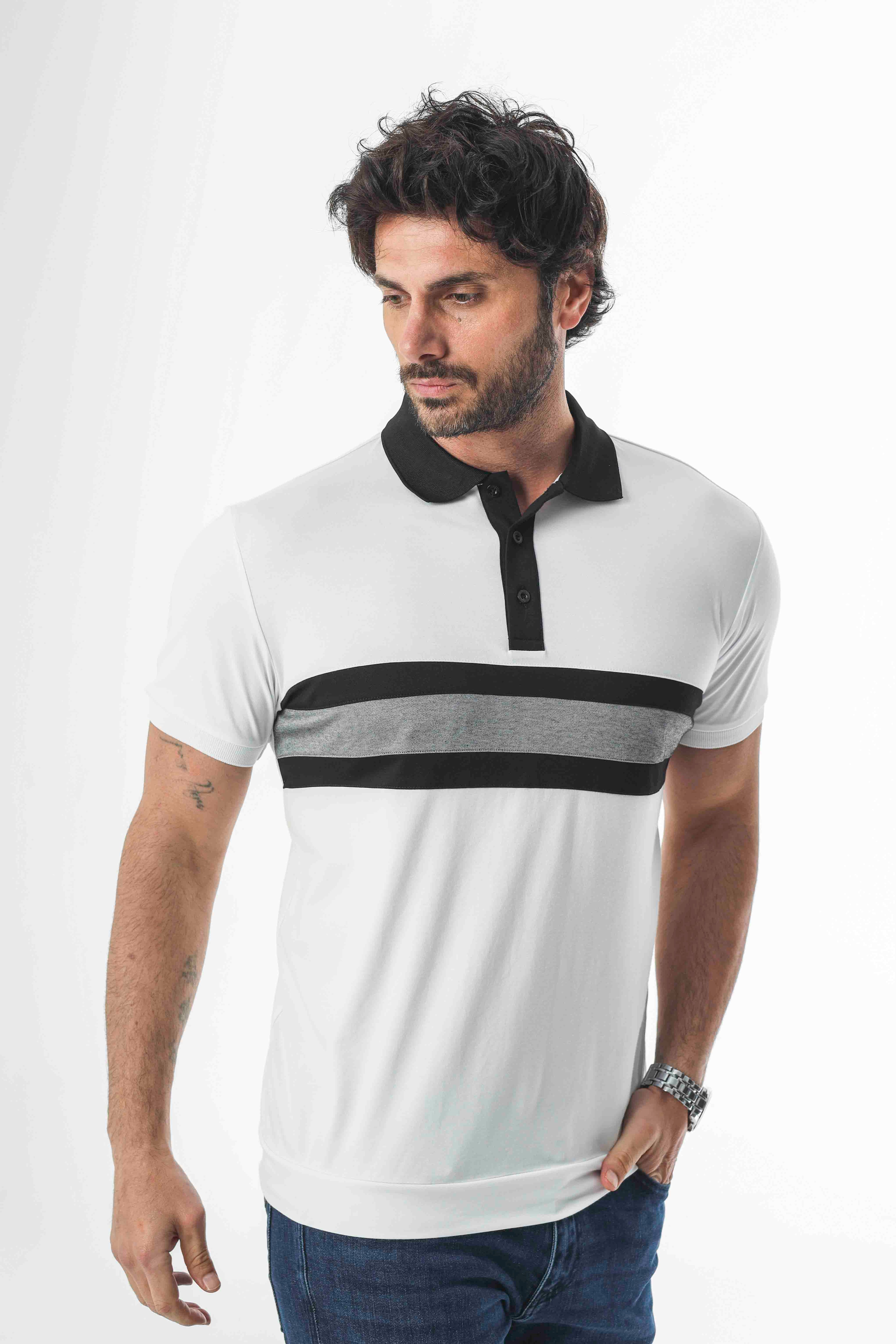 Büyük Beden Polo Yaka Düğmeli Ortası Çizgili T-Shirt-6320