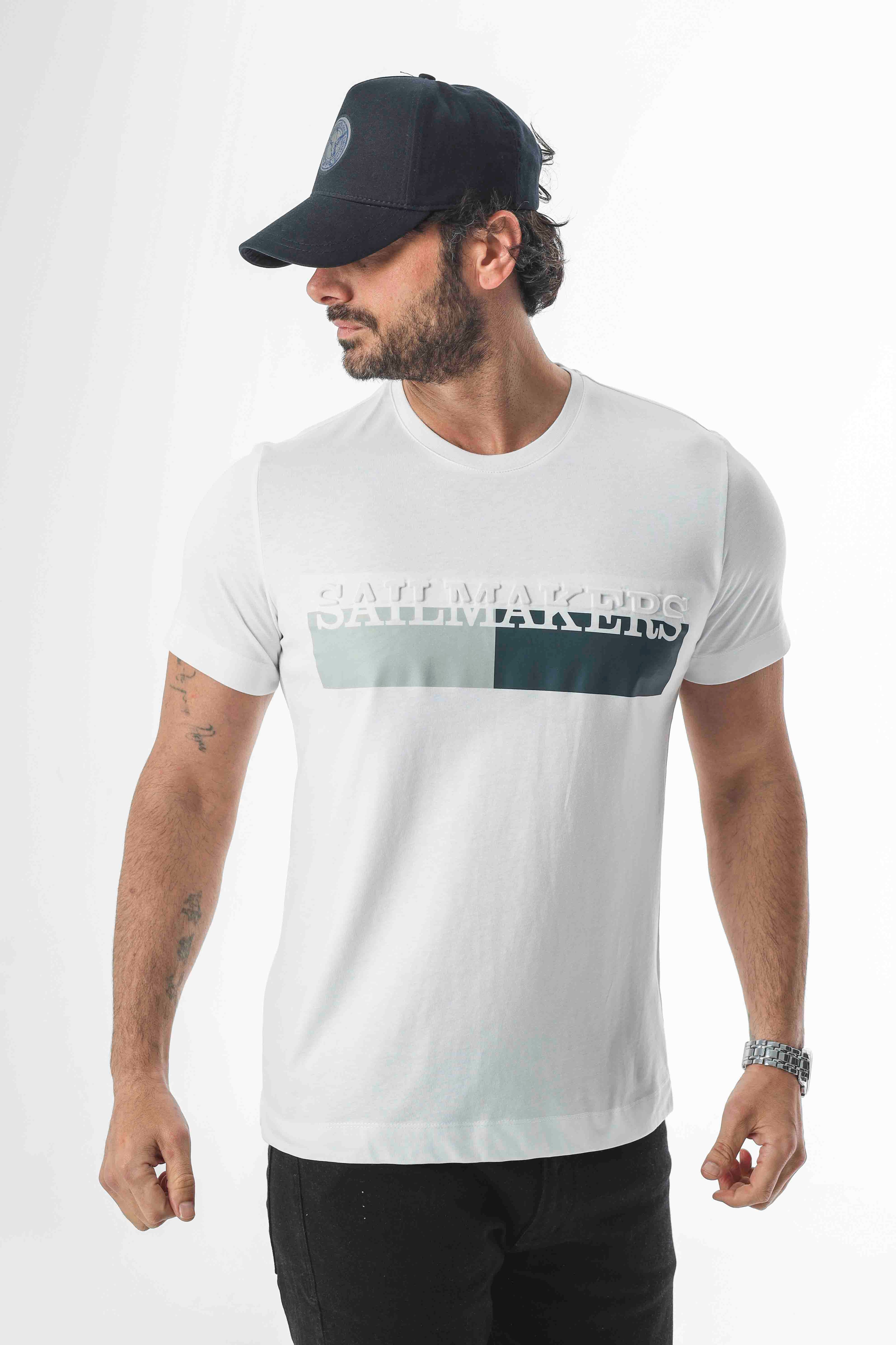 %100 Pamuk Sail Collection Bisiklet Yaka Baskılı T-Shirt-SP-2343