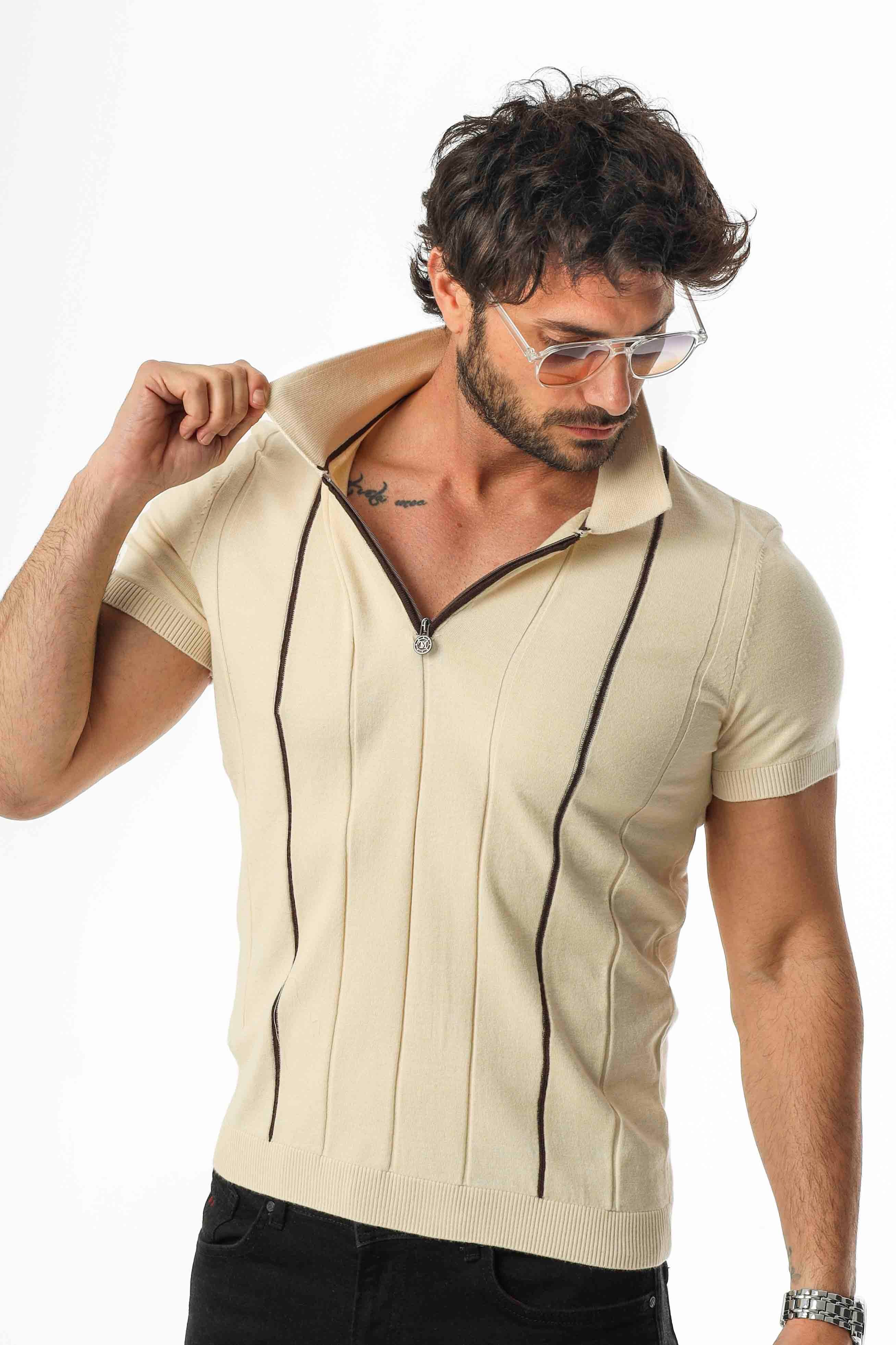 Polo Yaka Yarım Fermuarlı Çizgi Desenli Triko T-Shirt-TY-1311