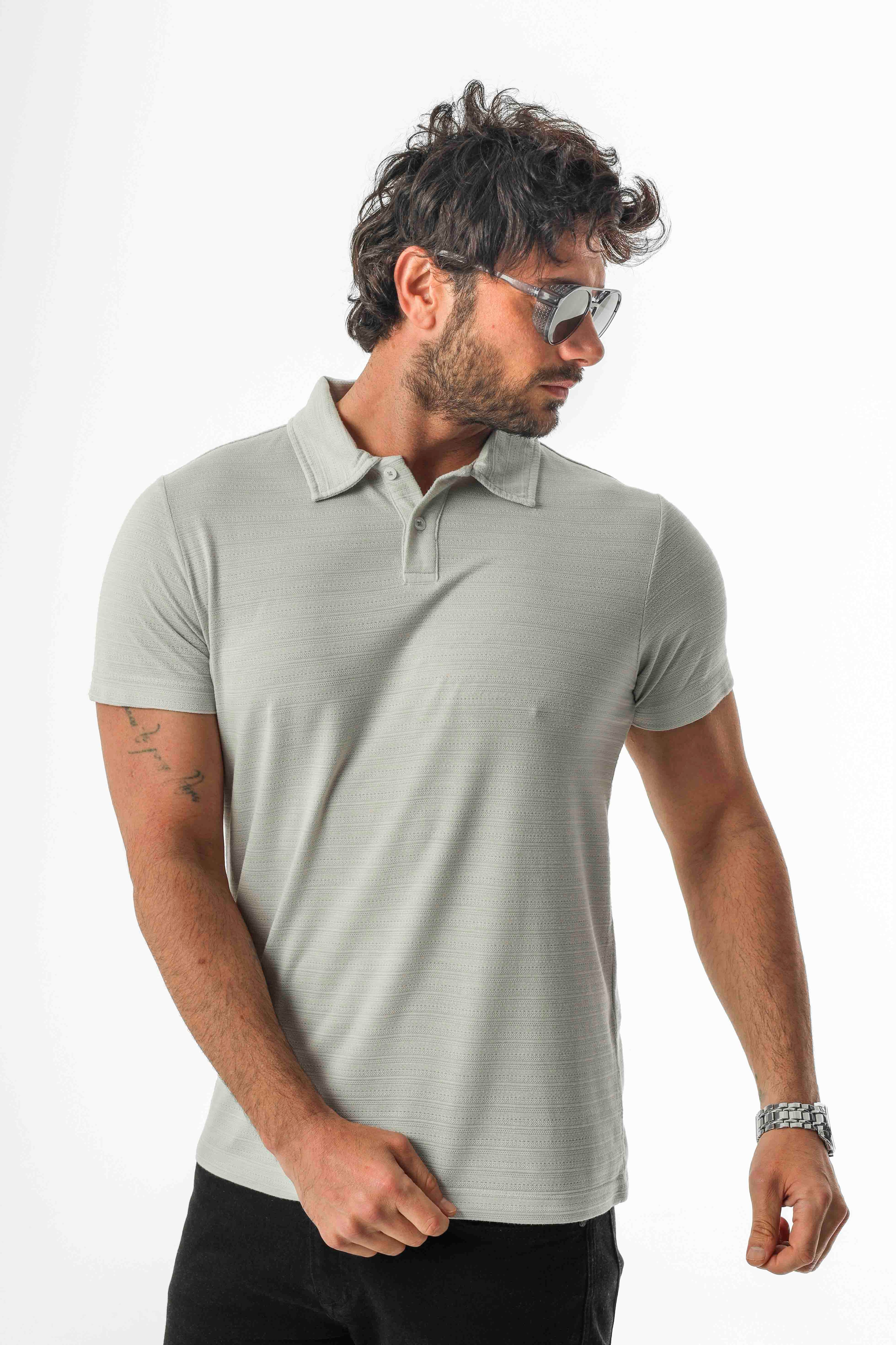 Polo Yaka Düğmeli Viskon Karışımlı Jakarlı T-Shirt-J-2093