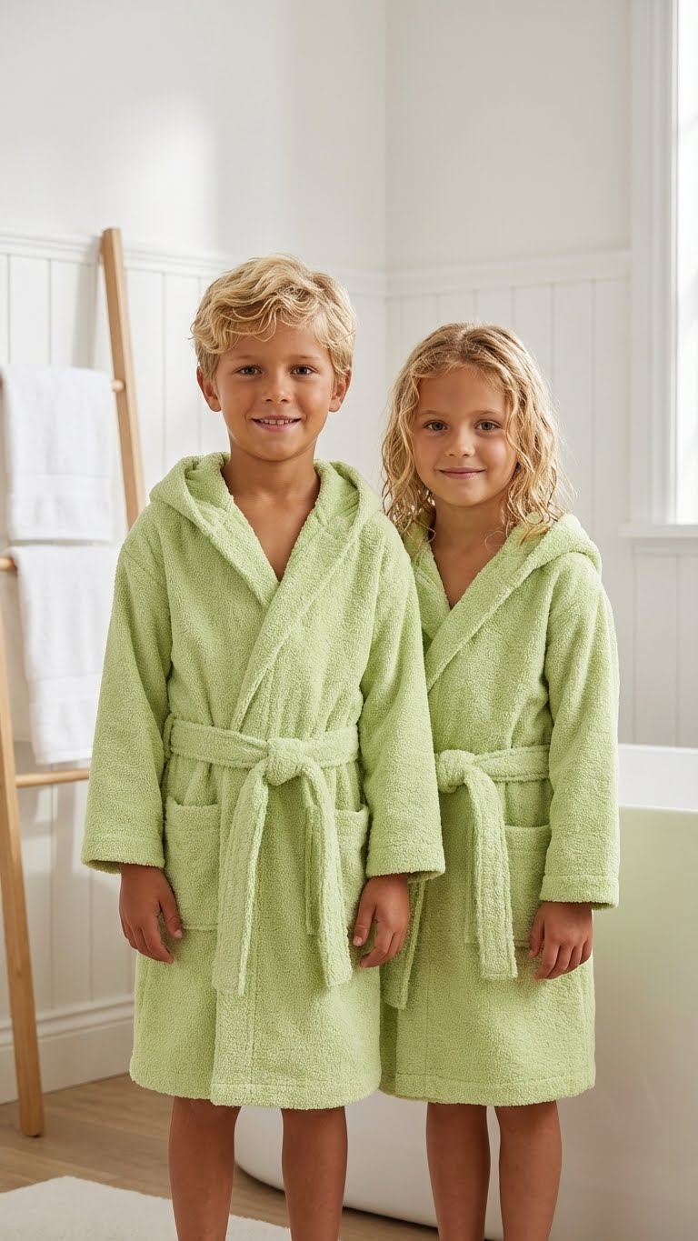 Soft %100 Pamuk Kapüşonlu Çocuk Bornozu - Çimen Yeşili