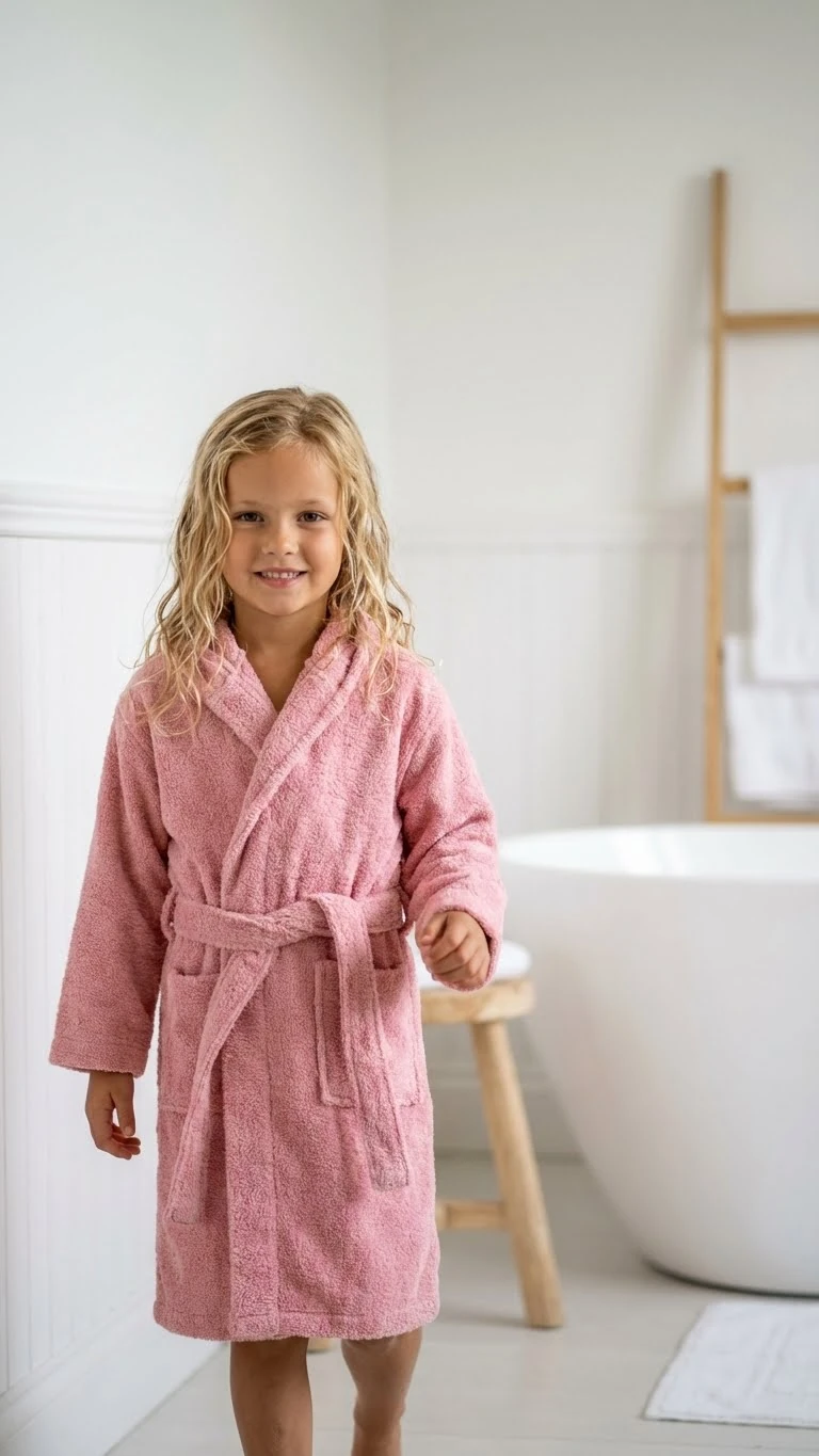 Soft %100 Pamuk Kapüşonlu Çocuk Bornozu - Pembe