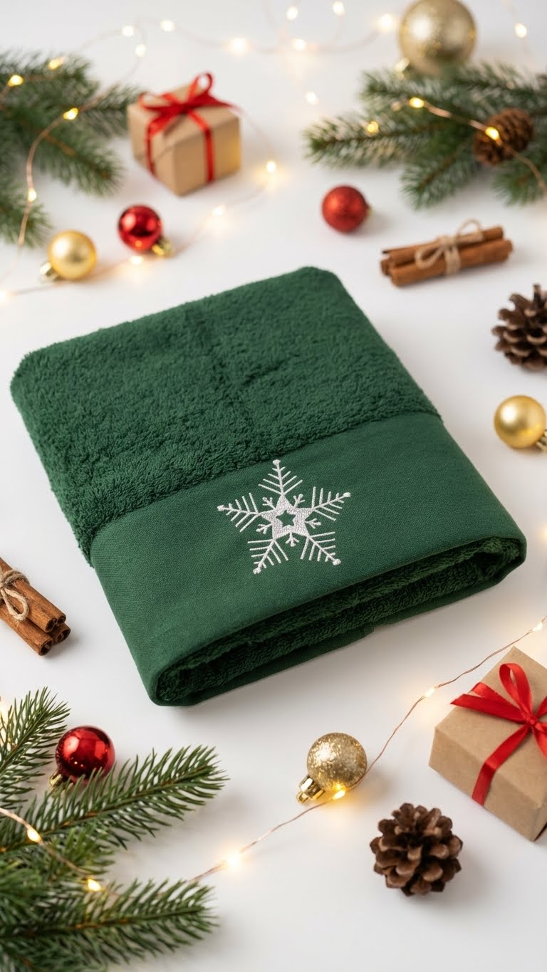 Snow Flake Nakışlı 50x60cm Yılbaşı Havlusu - Yeşil