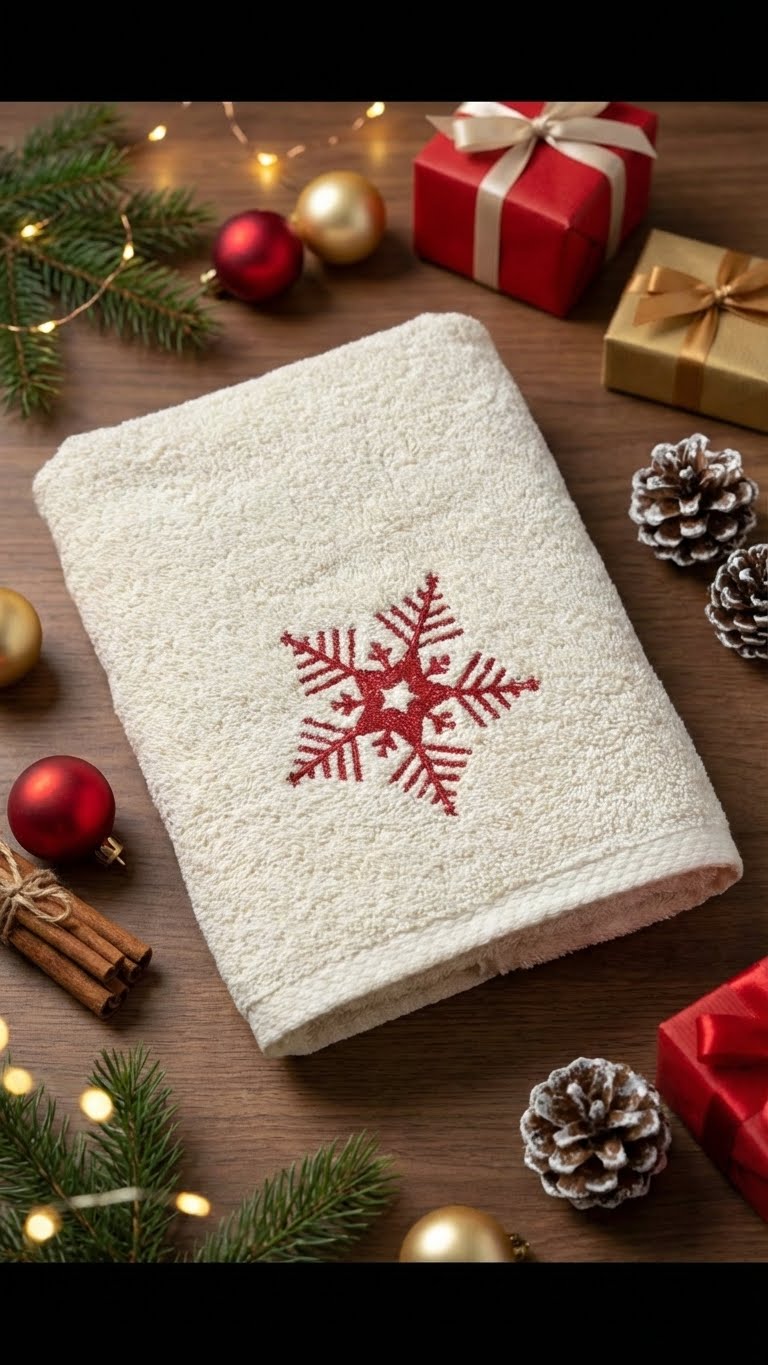 Kar Tanesi Nakışlı 50x90cm Yılbaşı Havlusu - Natural