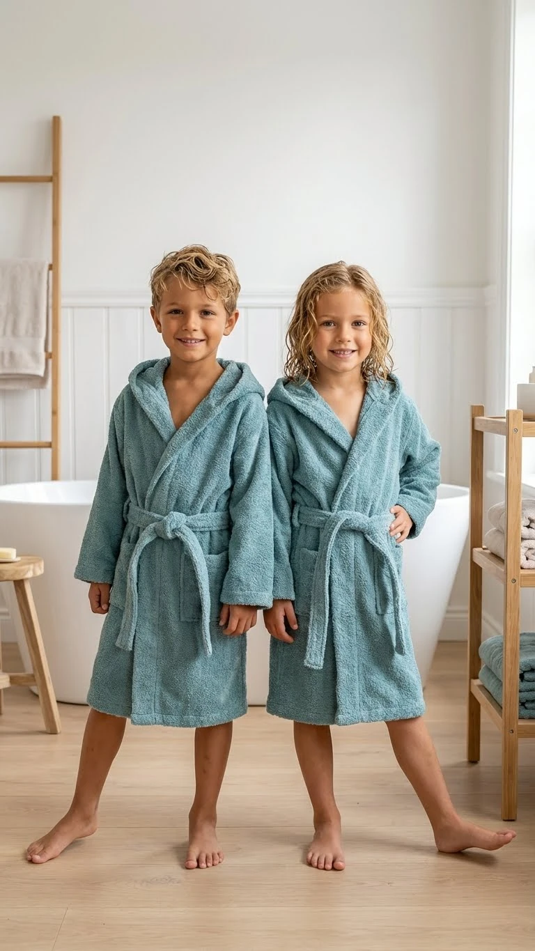 Soft %100 Pamuk Kapüşonlu Çocuk Bornozu - Yeşil