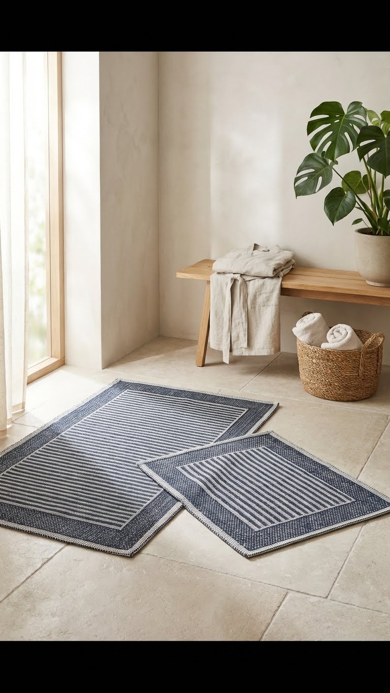 Cottons Çizgili 2'li Pamuklu Banyo Paspas Takımı - Siyah