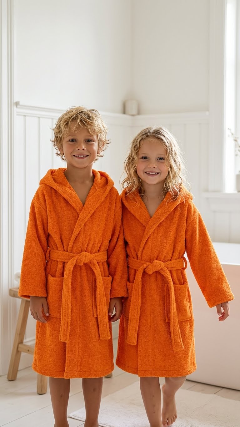 Soft %100 Pamuk Kapüşonlu Çocuk Bornozu - Turuncu