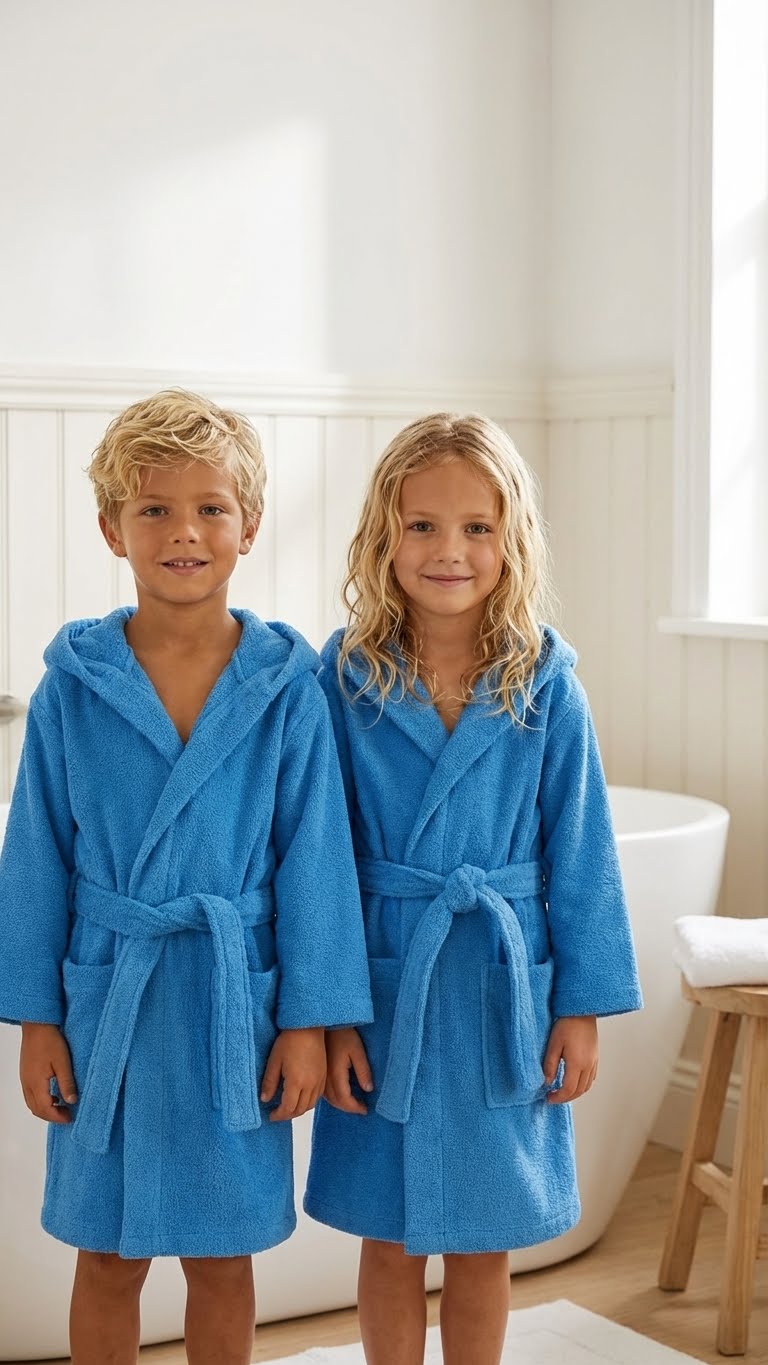 Soft %100 Pamuk Kapüşonlu Çocuk Bornozu - Mavi