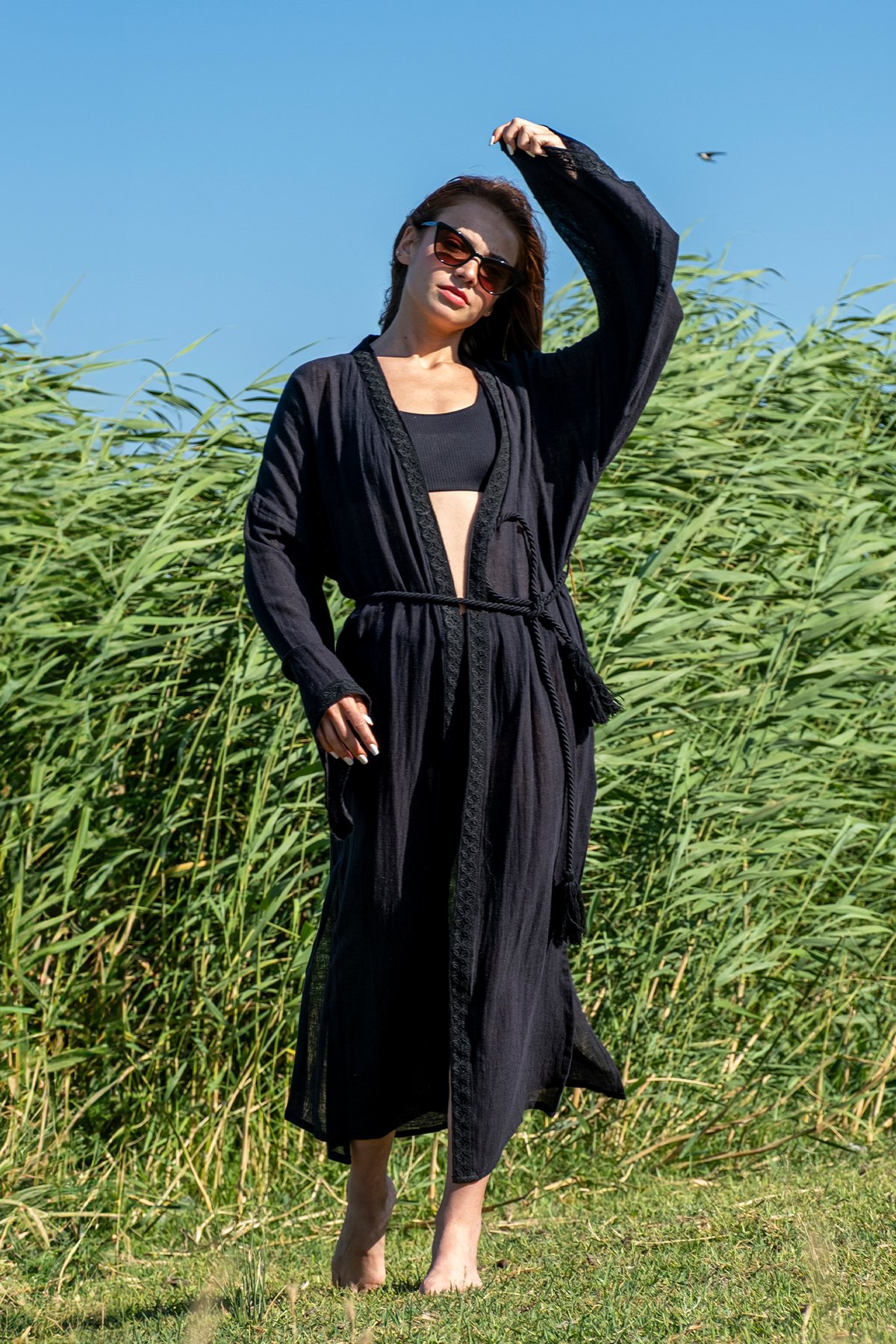 Lace Trim Kimono Sabahlık - Siyah