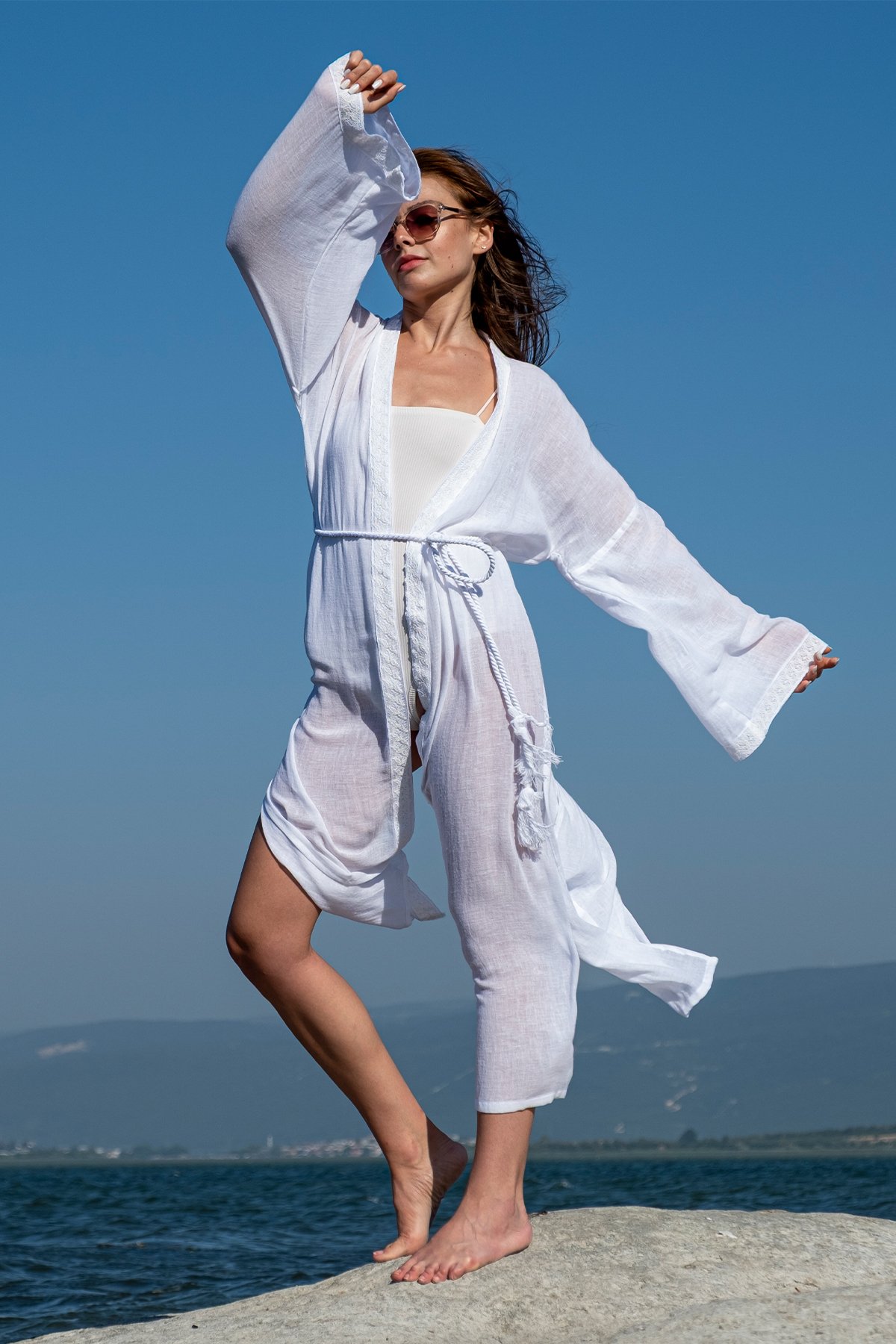 Lace Trim Kimono Sabahlık - Beyaz