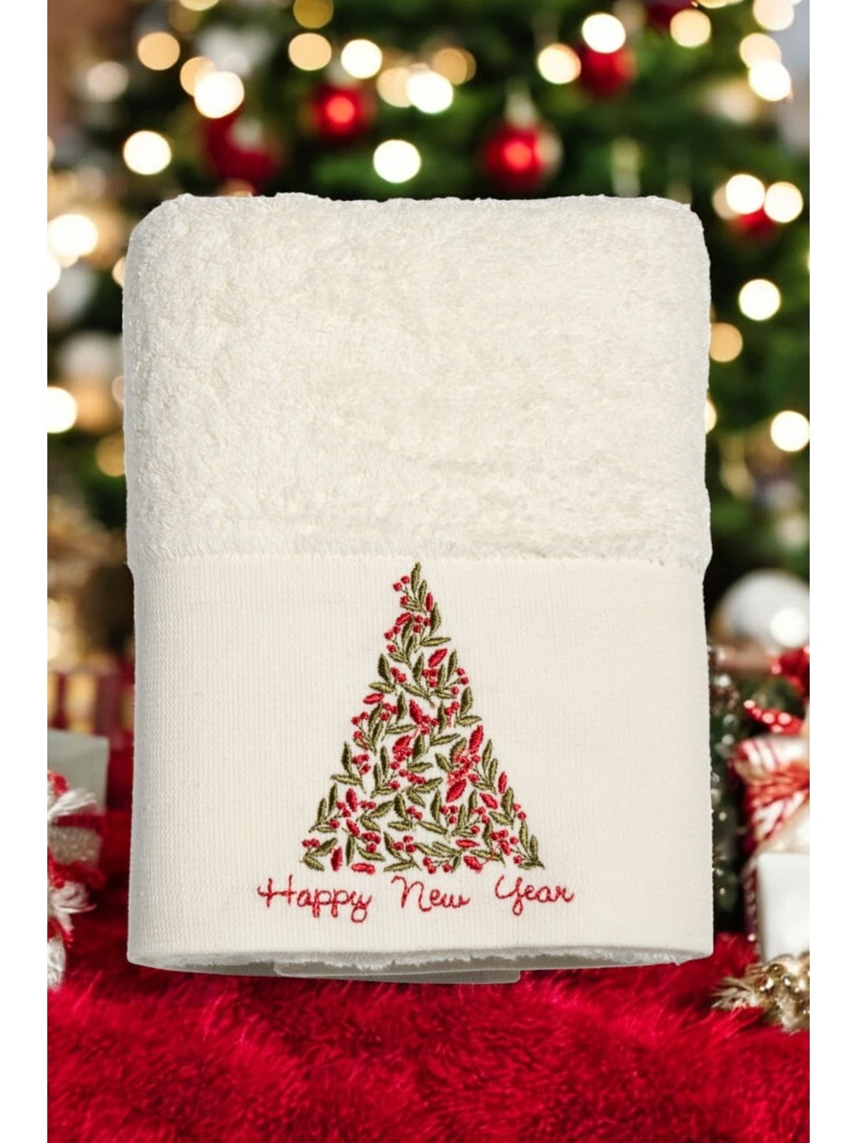 Yılbaşı Ağacı Desenli 50x90cm Yılbaşı Havlusu - Krem