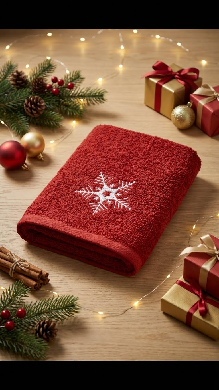 Kar Tanesi Nakışlı 50x90cm Yılbaşı Havlusu - Kırmızı