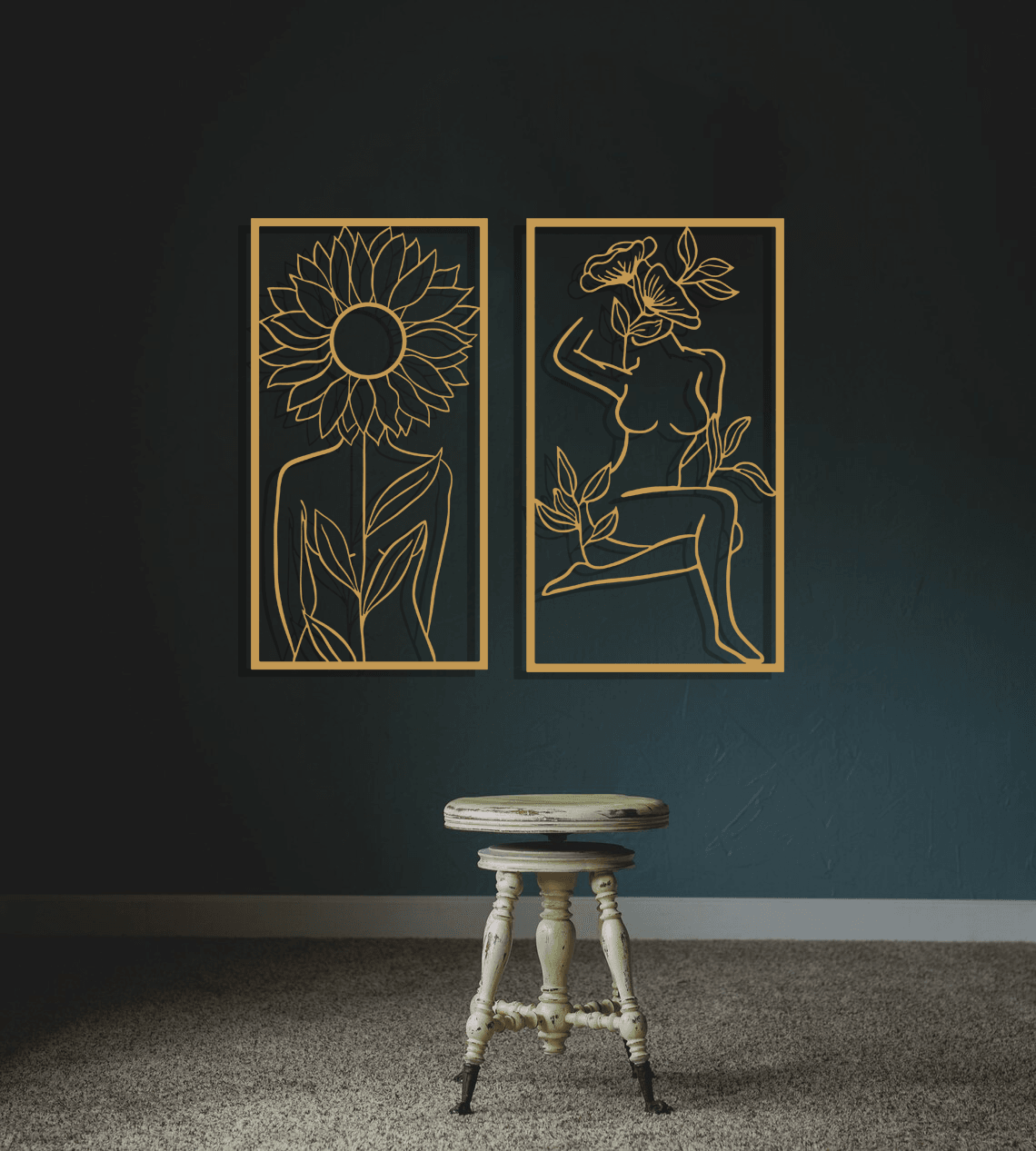 Sunflower Woman Silhouette Metal Wall Art Set