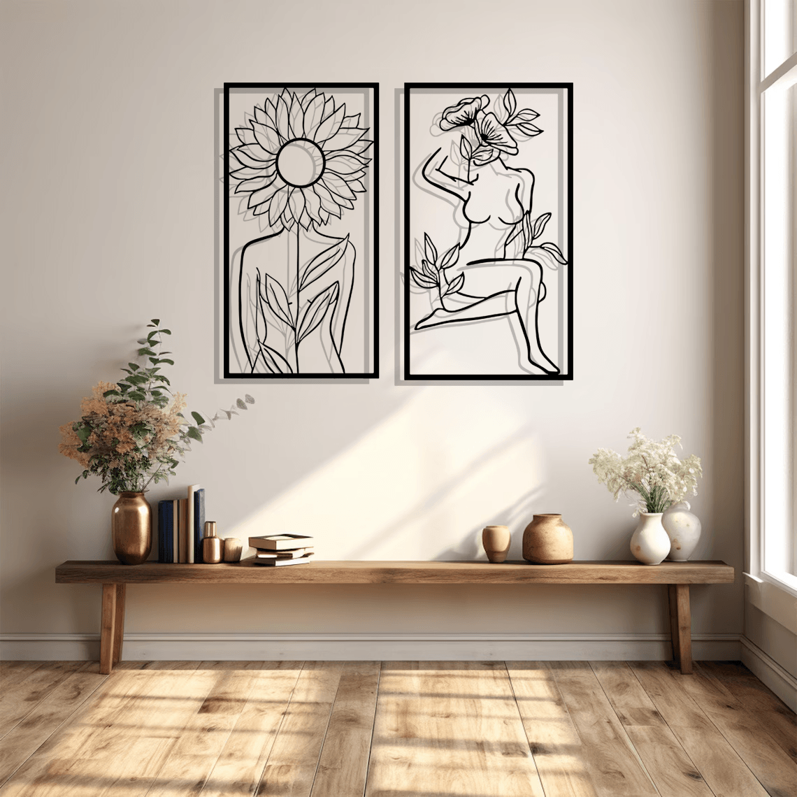 Sunflower Woman Silhouette Metal Wall Art Set