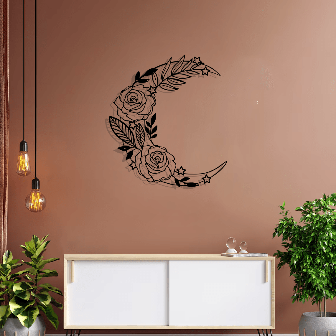 Floral-Moon Silhouette Metal Wall Art