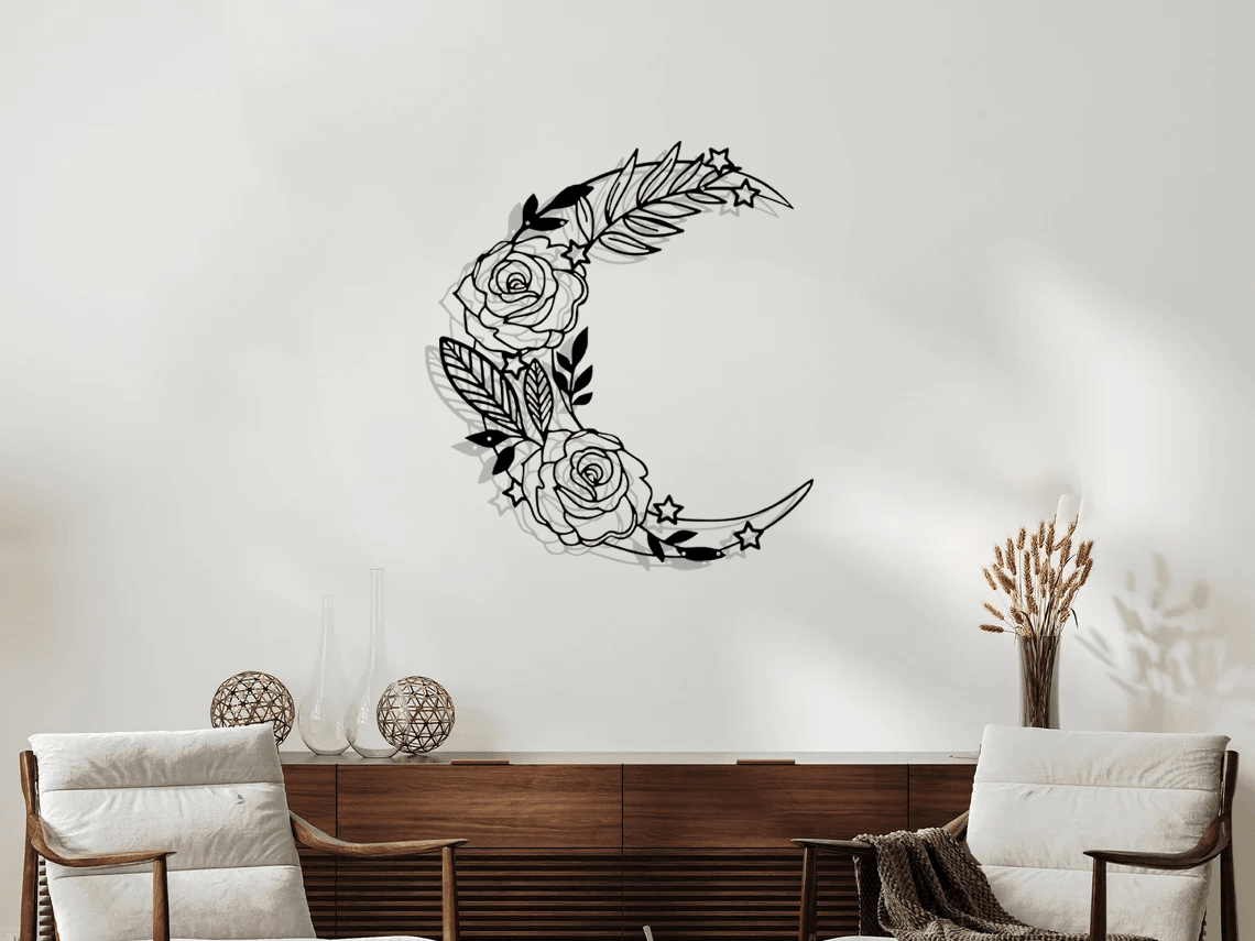 Floral-Moon Silhouette Metal Wall Art