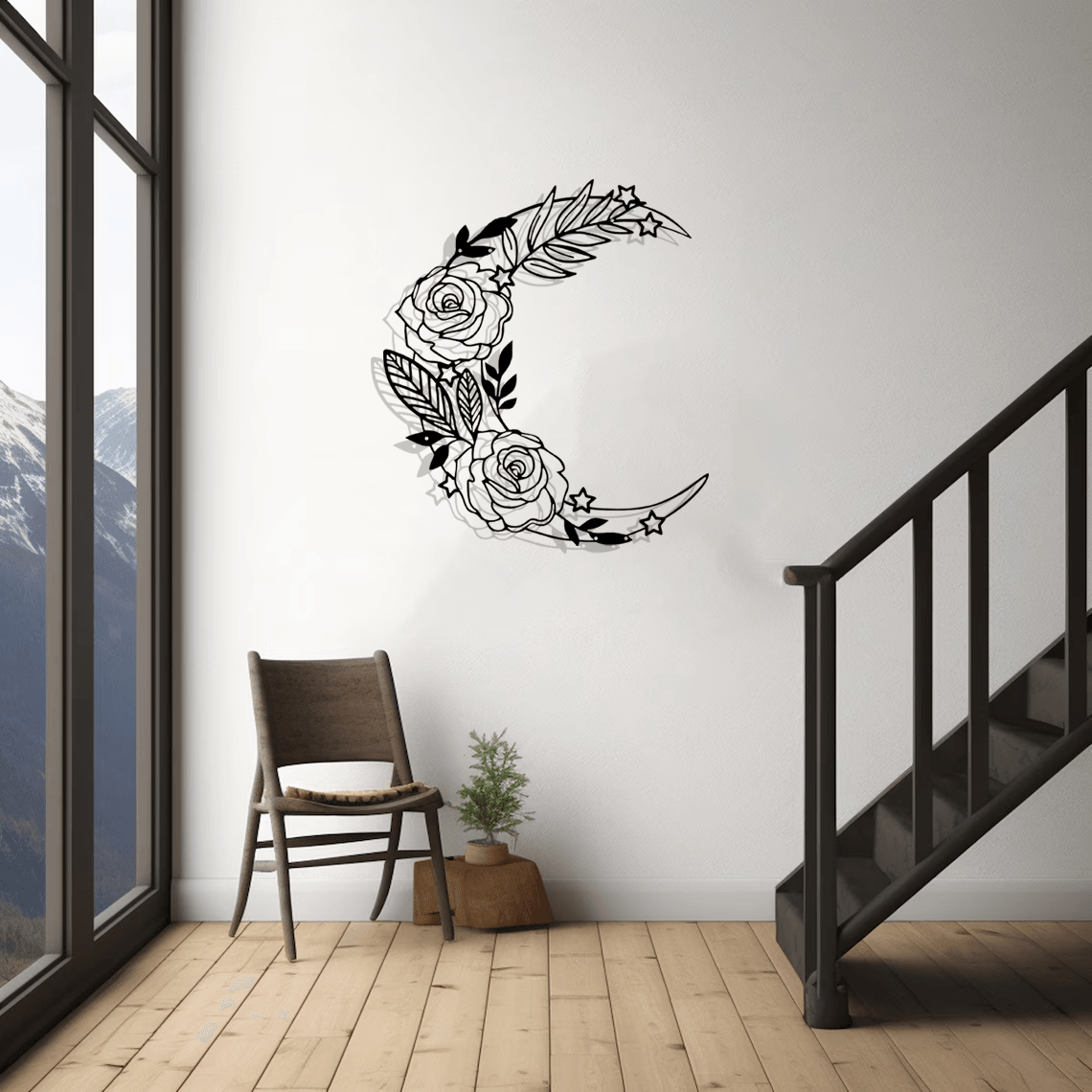 Floral-Moon Silhouette Metal Wall Art