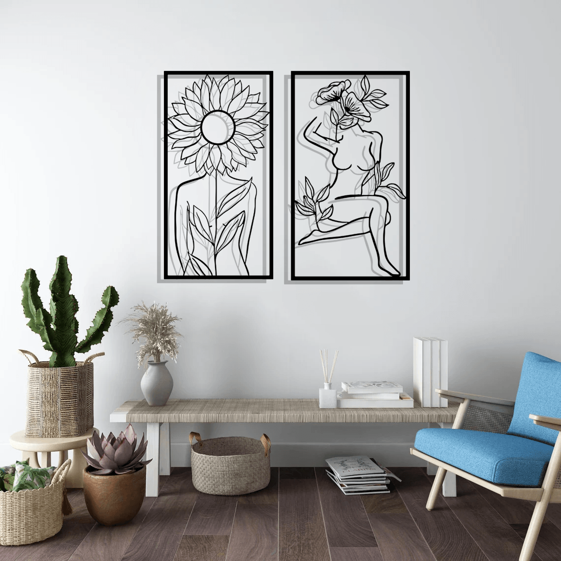 Sunflower Woman Silhouette Metal Wall Art Set