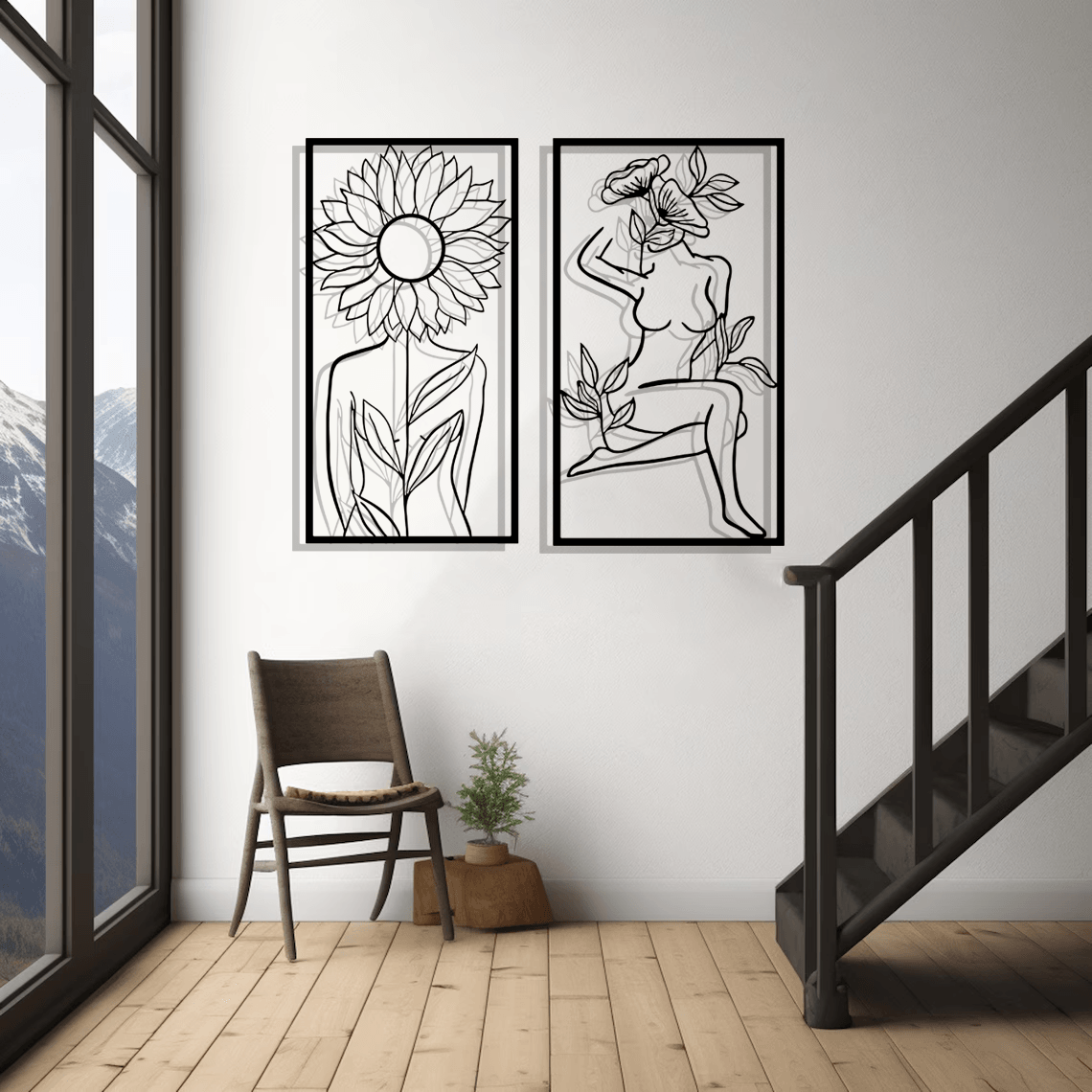 Sunflower Woman Silhouette Metal Wall Art Set