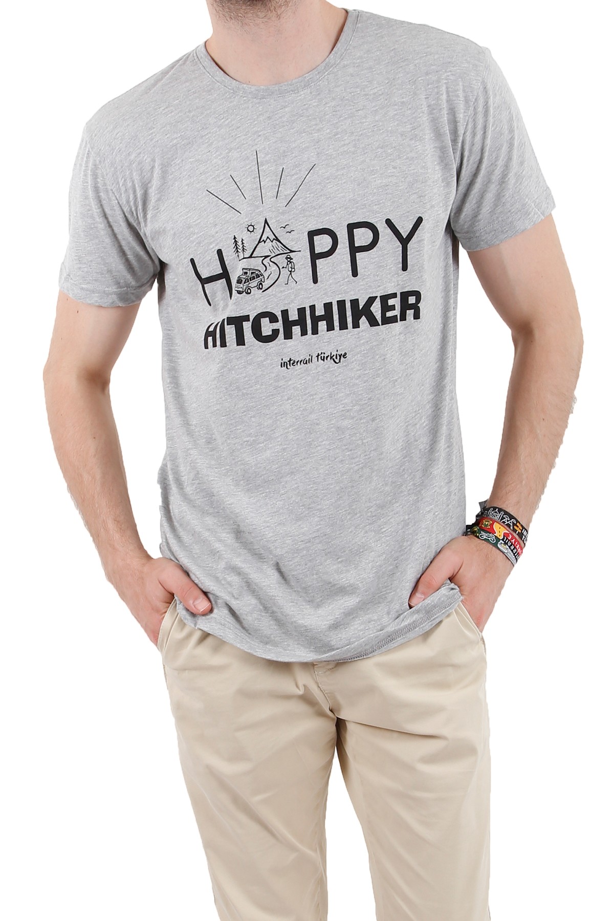 "Happy Hitchhiker" Özel Tasarım Unisex T-Shirt / Gri