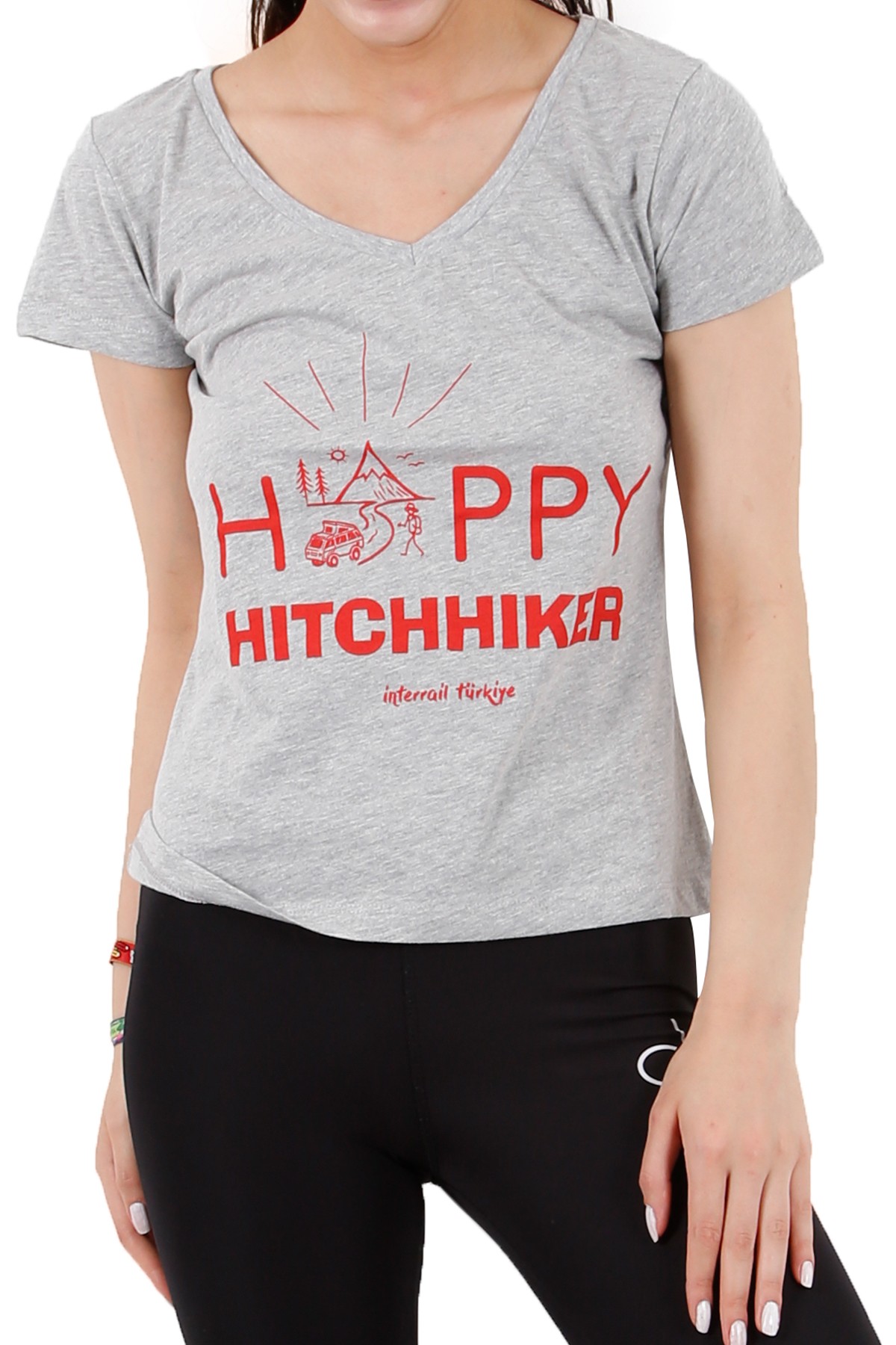 "Happy Hitchhiker" Özel Tasarım Kadın T-Shirt / Gri